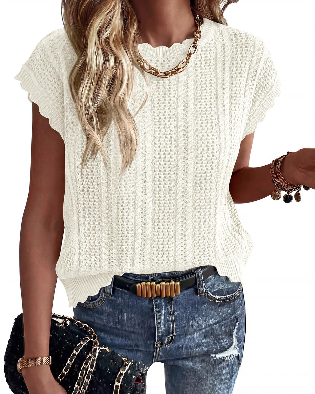 FreshPretty Sweater Vest Women Crochet Top Cap Short Sleeve Sweater Spring Summer Cable Knit Pullover Beach Vacation Outfits