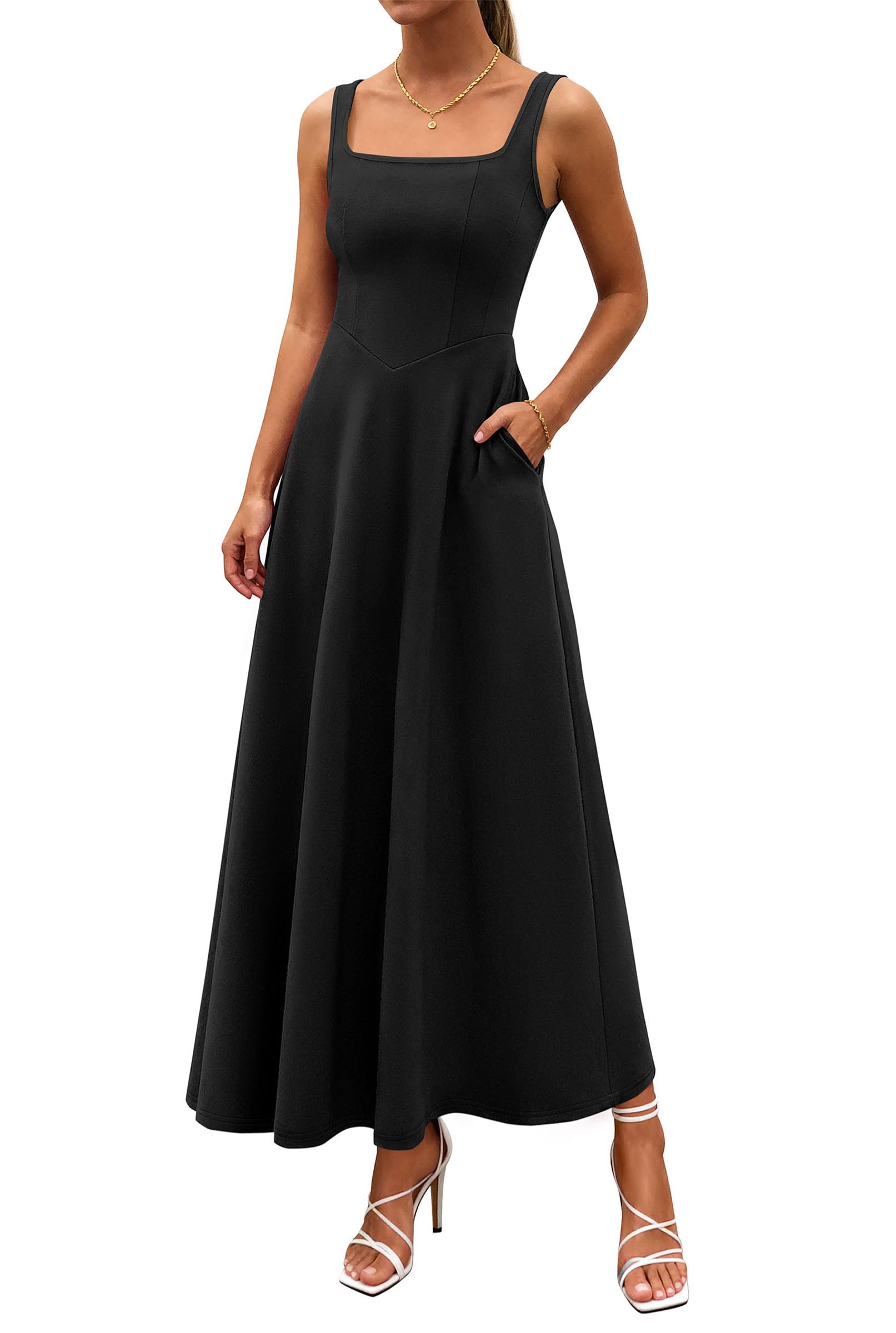 PRETTYGARDEN Womens Summer Dresses Sleeveless Elegant Square Neck Aline Swing Maxi Beach Wedding Guest Dress Pockets