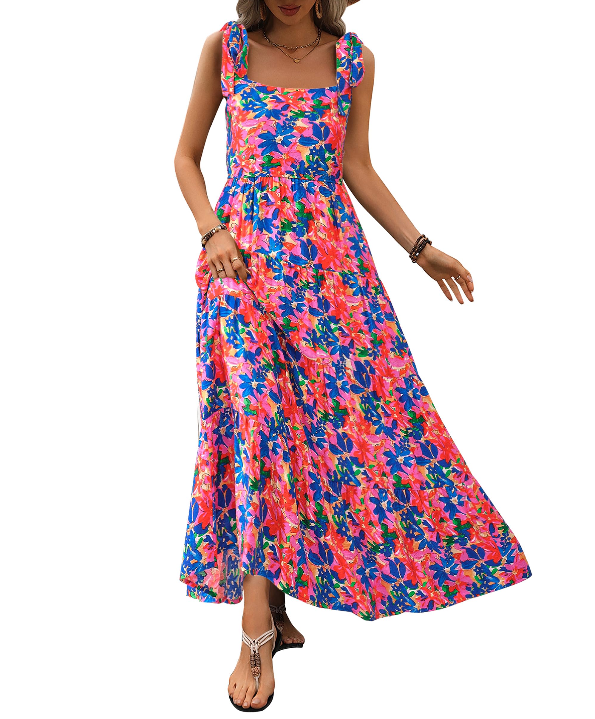 PRETTYGARDEN Women Dresses Summer Floral Sleeveless Maxi Dress Casual Spaghetti Strap Tiered Flowy Beach Long Dress