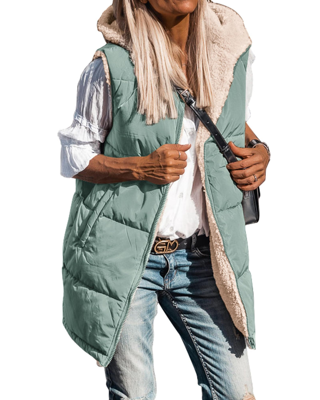 BTFBM Long Puffer Vest Women Fleece Sherpa Jacket Sleeveless Hooded Reversible Zip Up Winter Coat Fall Vests Outerwear