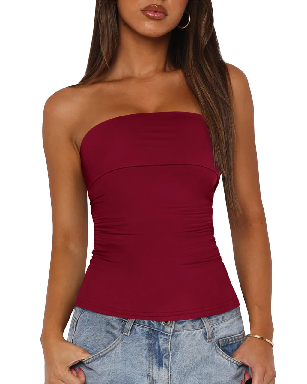 Womens Strapless Tube Tops Spring Summer Clothes Trendy Casual Ruched Stretchy Going Out Bodycon Bandeau Top