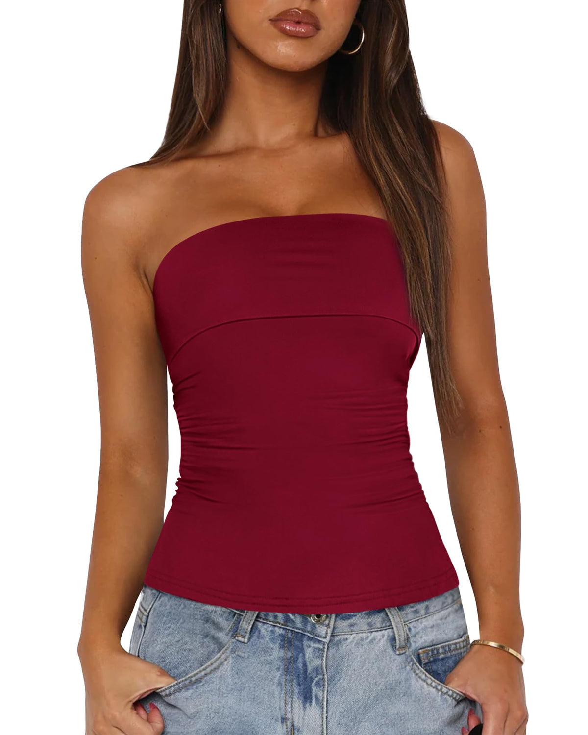 Womens Strapless Tube Tops Spring Summer Clothes Trendy Casual Ruched Stretchy Going Out Bodycon Bandeau Top