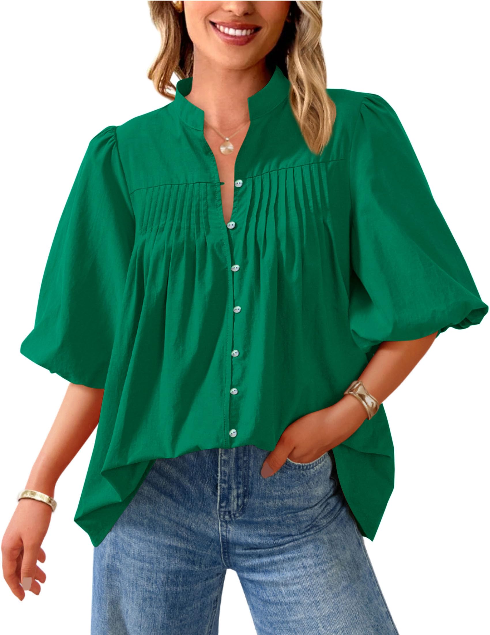 PRETTYGARDEN Women's  Summer Short Lantern Sleeve Tops Loose Fit Button Down Shirt Pleated V Neck Blouses Trendy Clothes