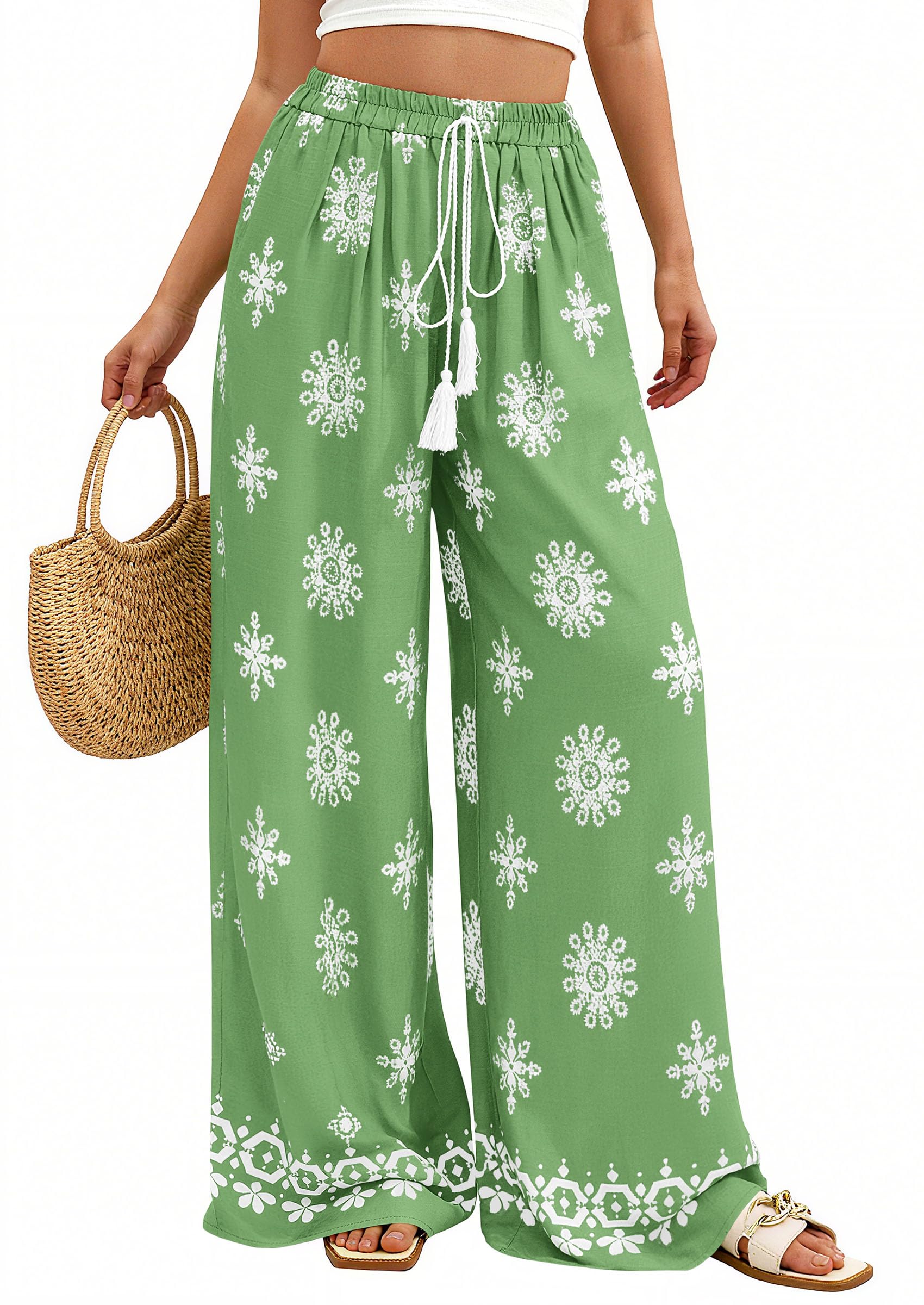 PRETTYGARDEN Women's Wide Leg Palazzo Pants Summer Boho Floral Trousers Spring Flowy Beach Vacation Clothes Resort Wear