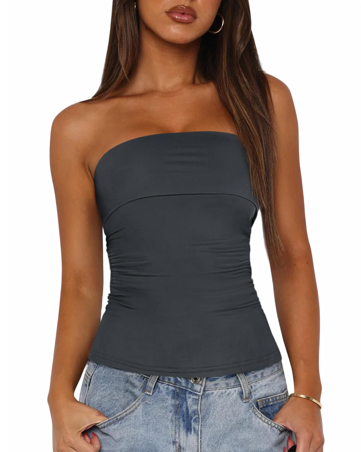 Womens Strapless Tube Tops Spring Summer Clothes Trendy Casual Ruched Stretchy Going Out Bodycon Bandeau Top