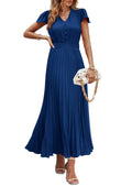 PRETTYGARDEN Women's Summer Maxi Dresses Trendy Casual Button V Neck Ruffle Cap Sleeve Long Flowy Spring Pleated Dress
