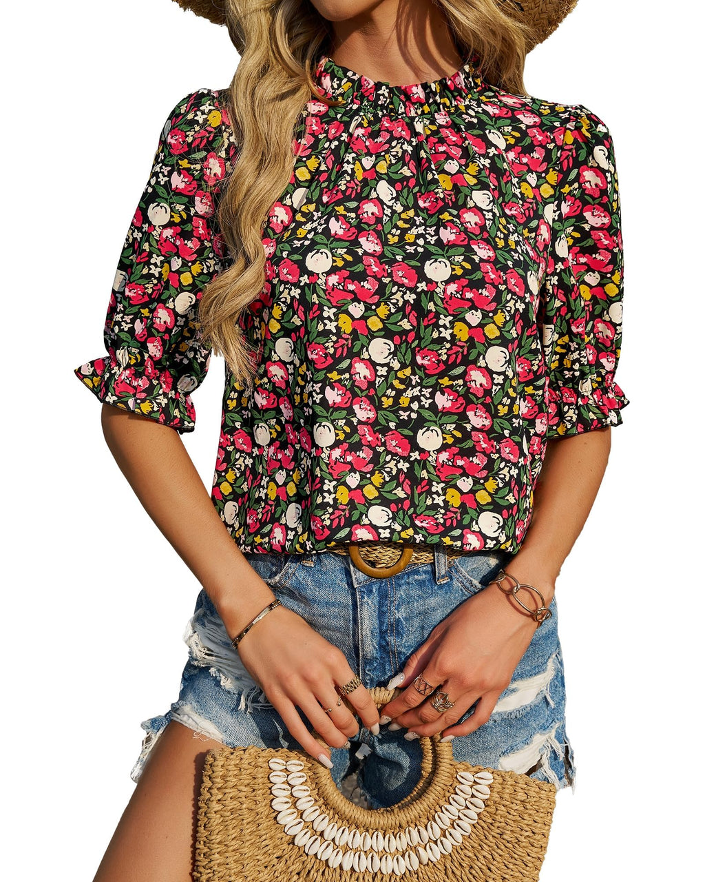 FreshPretty Women's Dressy Casual Blouses Business Work Tops Lace Trim Short Sleeve Office Shirts Summer Spring Outfits