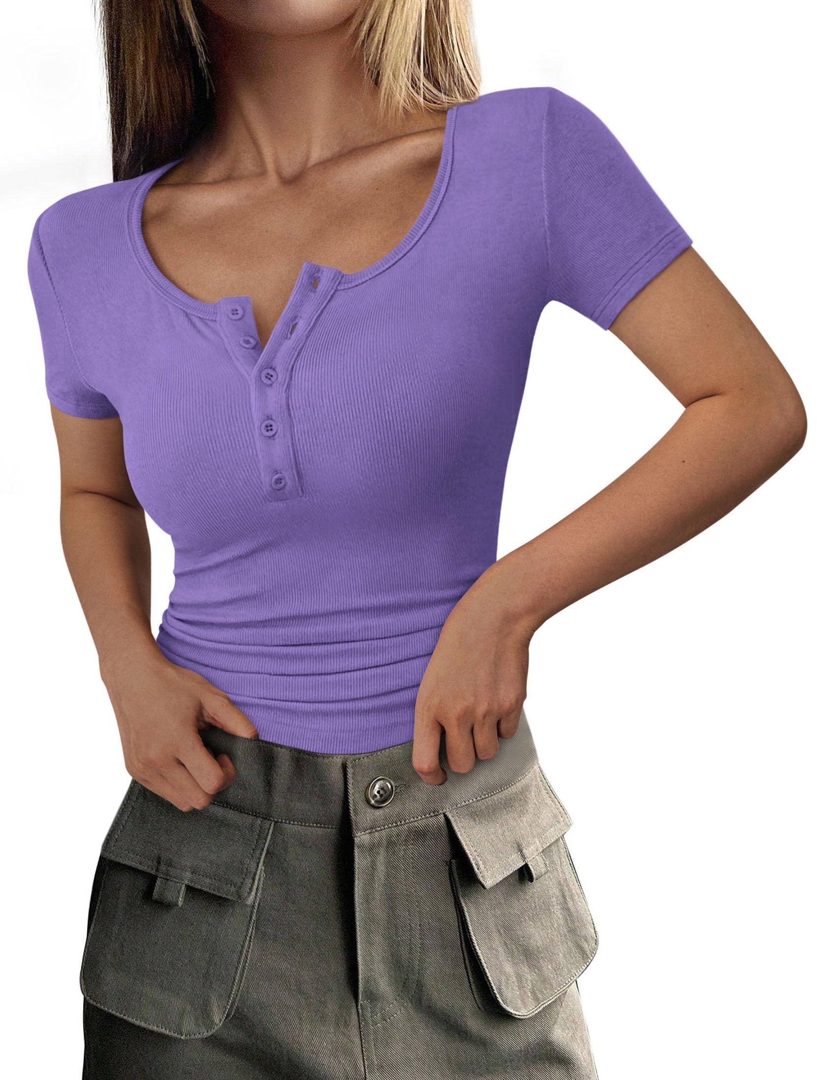 PRETTYGARDEN Women's  Fall Summer Short Sleeve Tops Ribbed Henley Button Slim Fit Basic Casual T Shirts Blouse Clothing