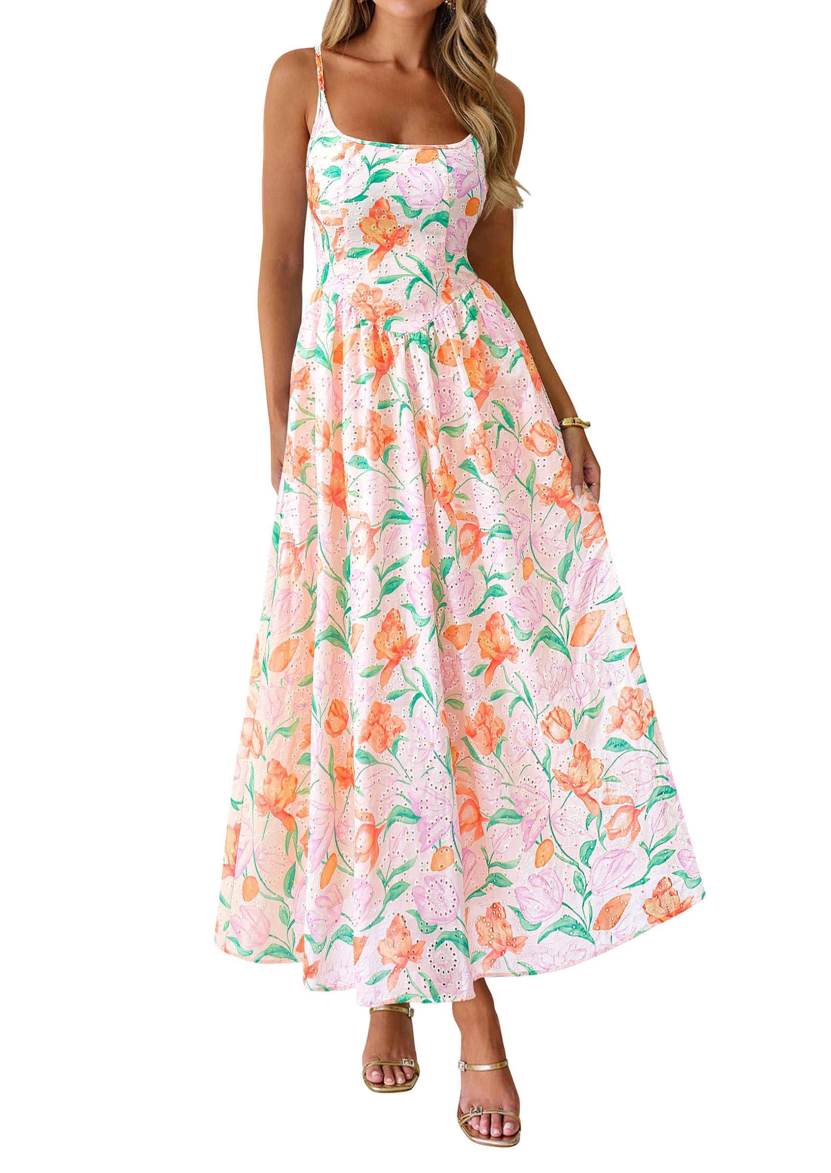 PRETTYGARDEN Womens Spring Boho Maxi Dress Eyelet Floral Long Flowy Sundresses Summer Beach Vacation Clothes