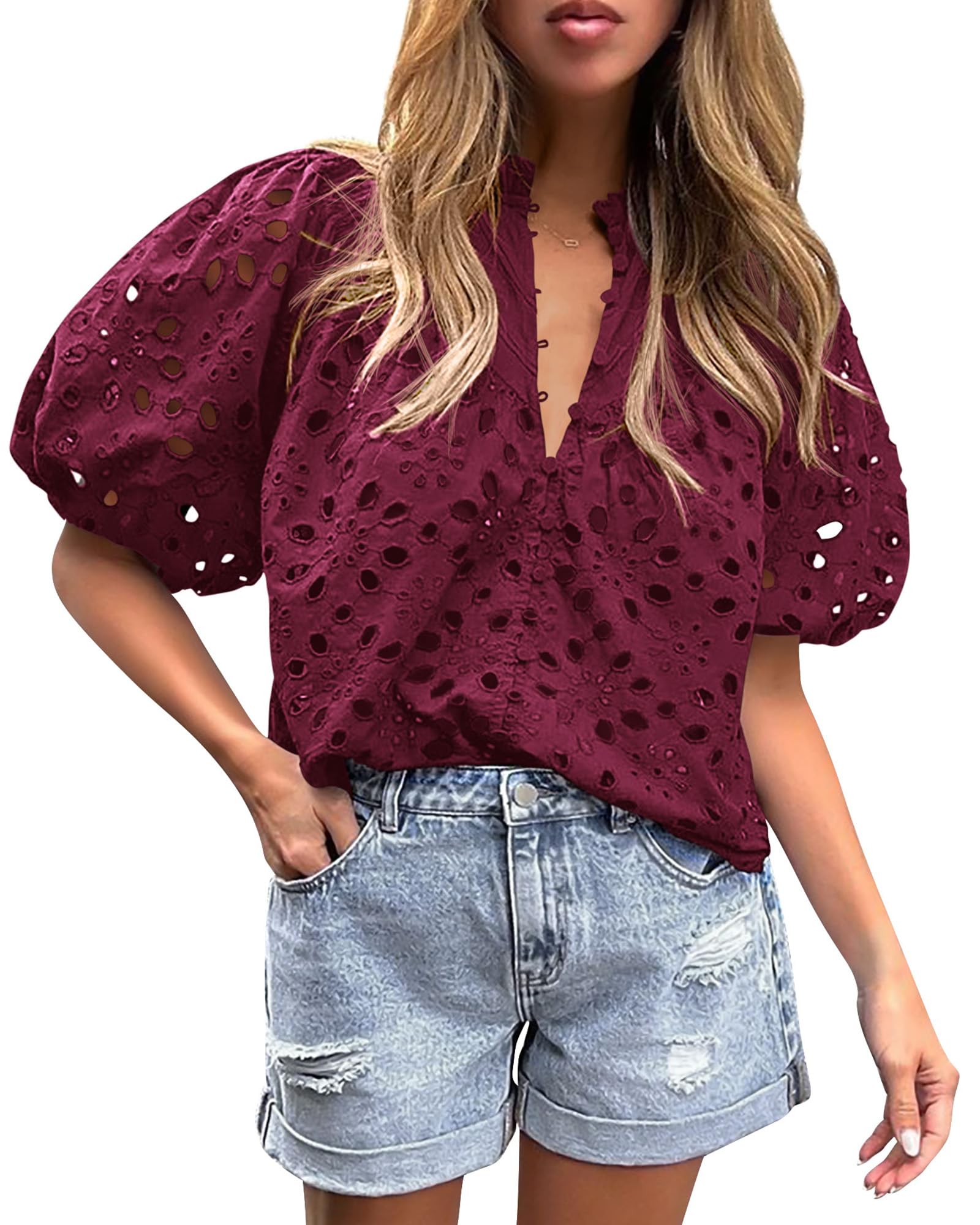 PRETTYGARDEN Women's Summer Tops Dressy Casual Short Sleeve V Neck Buttons Hollow Out Lace Embroidered Blouses Shirts