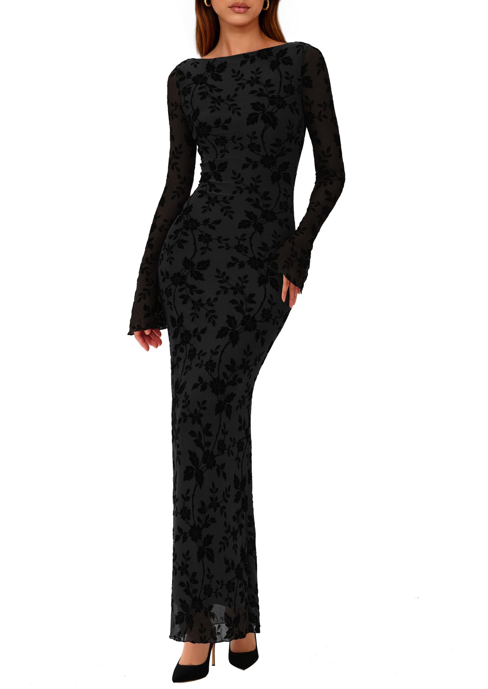 PRETTYGARDEN Women's Floral Bodycon Maxi Dress Fall Elegant Mesh Long Sleeve Formal Wedding Guest Cocktail Dresses