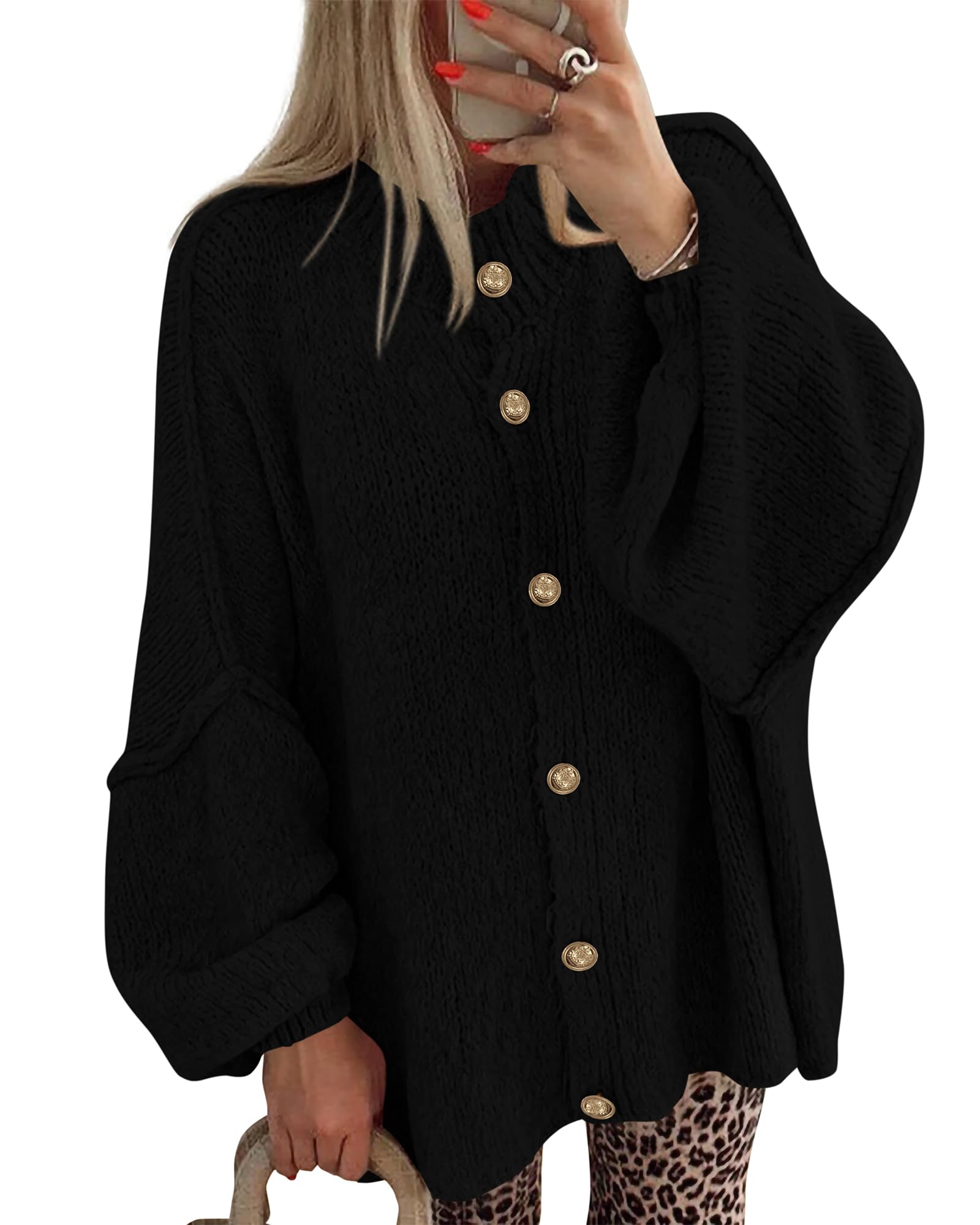 FreshPretty Cardigan Sweaters for Women Fall Clothes Lantern Long Sleeve Button Open Front Chunky Knit Oversized Sweater