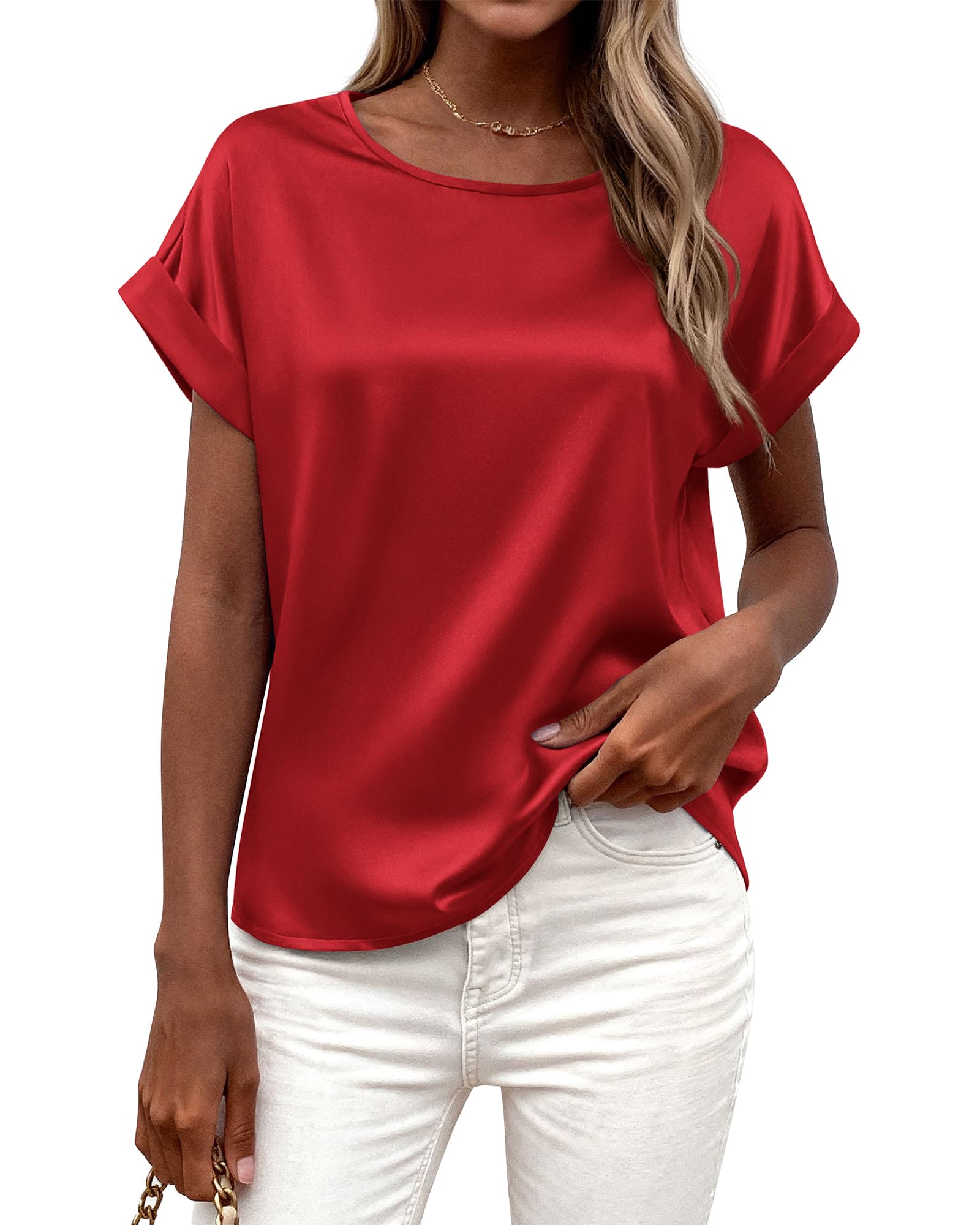 FreshPretty Womens Summer Tops Satin Silk Crewneck Short Sleeve Shirts Work Business Outfits Spring Blouses Dressy Casual
