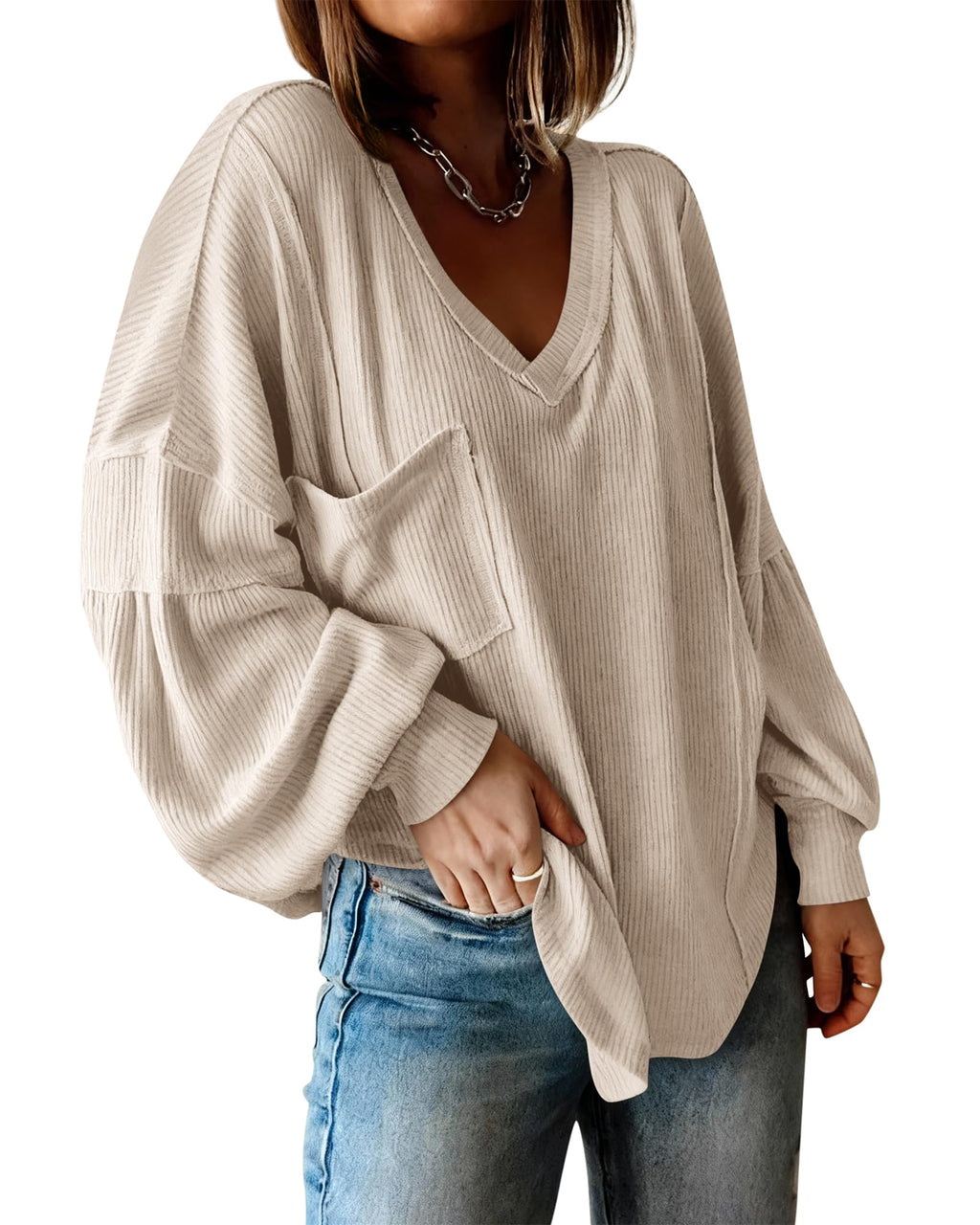 BTFBM Womens Fall Fashion Long Sleeve Shirts Casual V Neck Ribbed Knit Blouses Pullover Trendy Loose Fit Tunic Tops