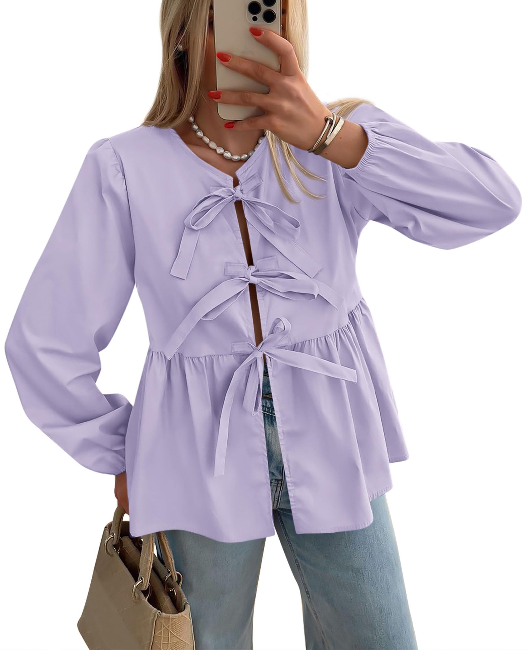 PRETTYGARDEN Women's Spring Fall Babydoll Peplum Blouse Shirt Puff Long Sleeve Bow Tie Front Trendy Cute Y2K Going Out Tops