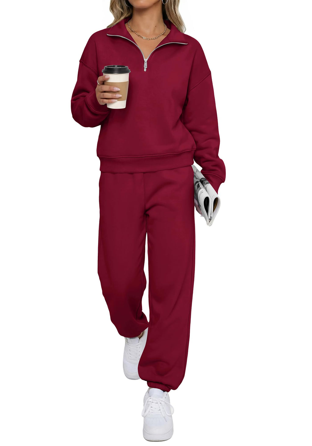 BTFBM Womens 2 Piece Outfits Sweatsuit Fleece Lounge Sets Quarter Zip Pullover Sweatshirt,Baggy Jogger Sweatpants,Fall Fashion Clothing,Airport Travel Matching Sweat Set