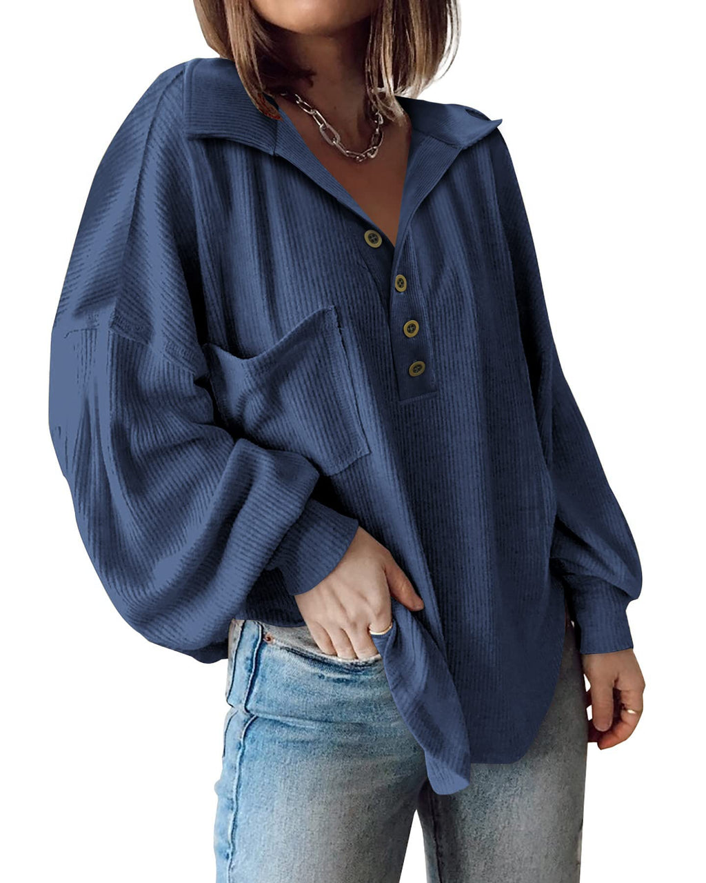 BTFBM Womens Fall Fashion Long Sleeve Shirts Casual V Neck Ribbed Knit Blouses Pullover Trendy Loose Fit Tunic Tops