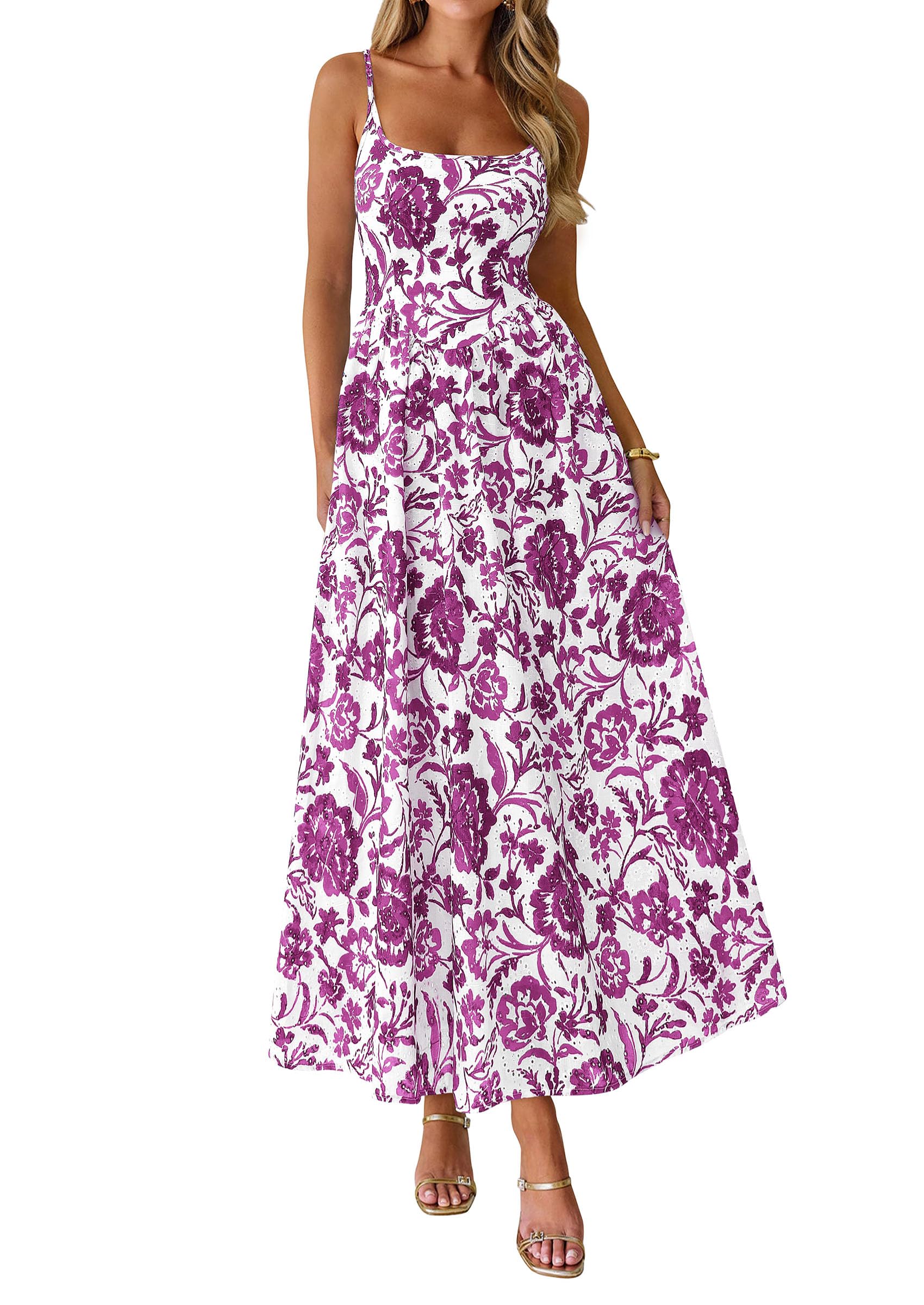 PRETTYGARDEN Womens Spring Boho Maxi Dress Eyelet Floral Long Flowy Sundresses Summer Beach Vacation Clothes