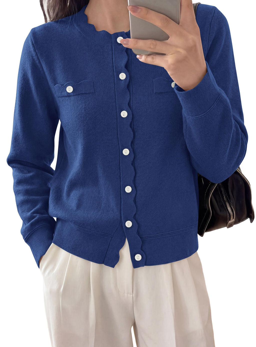 PRETTYGARDEN Cardigan Sweaters for Women Scalloped Button Up Fall Outfits Soft Knit Long Sleeve Knit Tops,Crew Neck,Business Casual Outfits,Office Work Lightweight Sweater,Layers Clothes