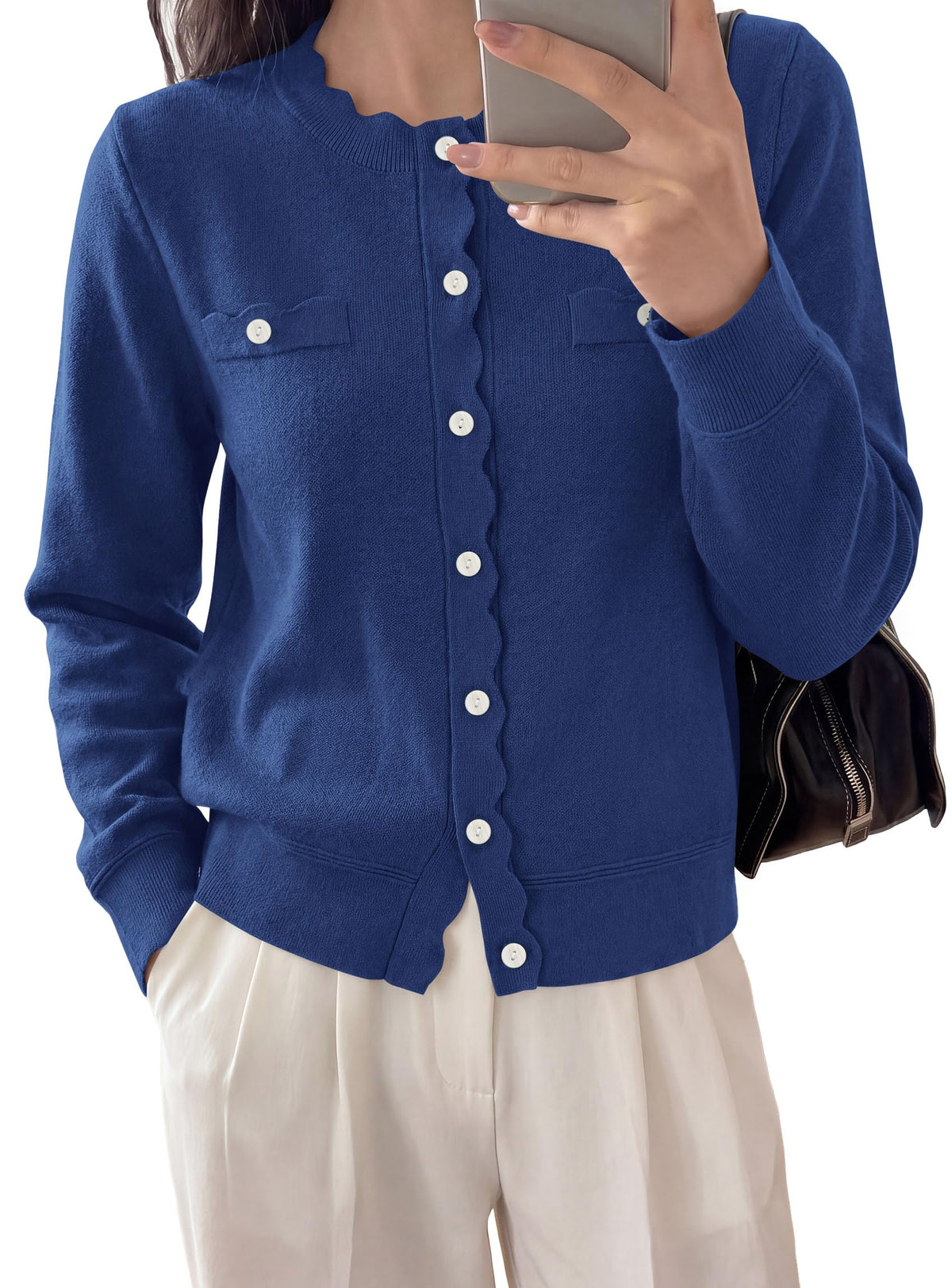 PRETTYGARDEN Cardigan Sweaters for Women Scalloped Button Up Fall Outfits Soft Knit Long Sleeve Knit Tops,Crew Neck,Business Casual Outfits,Office Work Lightweight Sweater,Layers Clothes