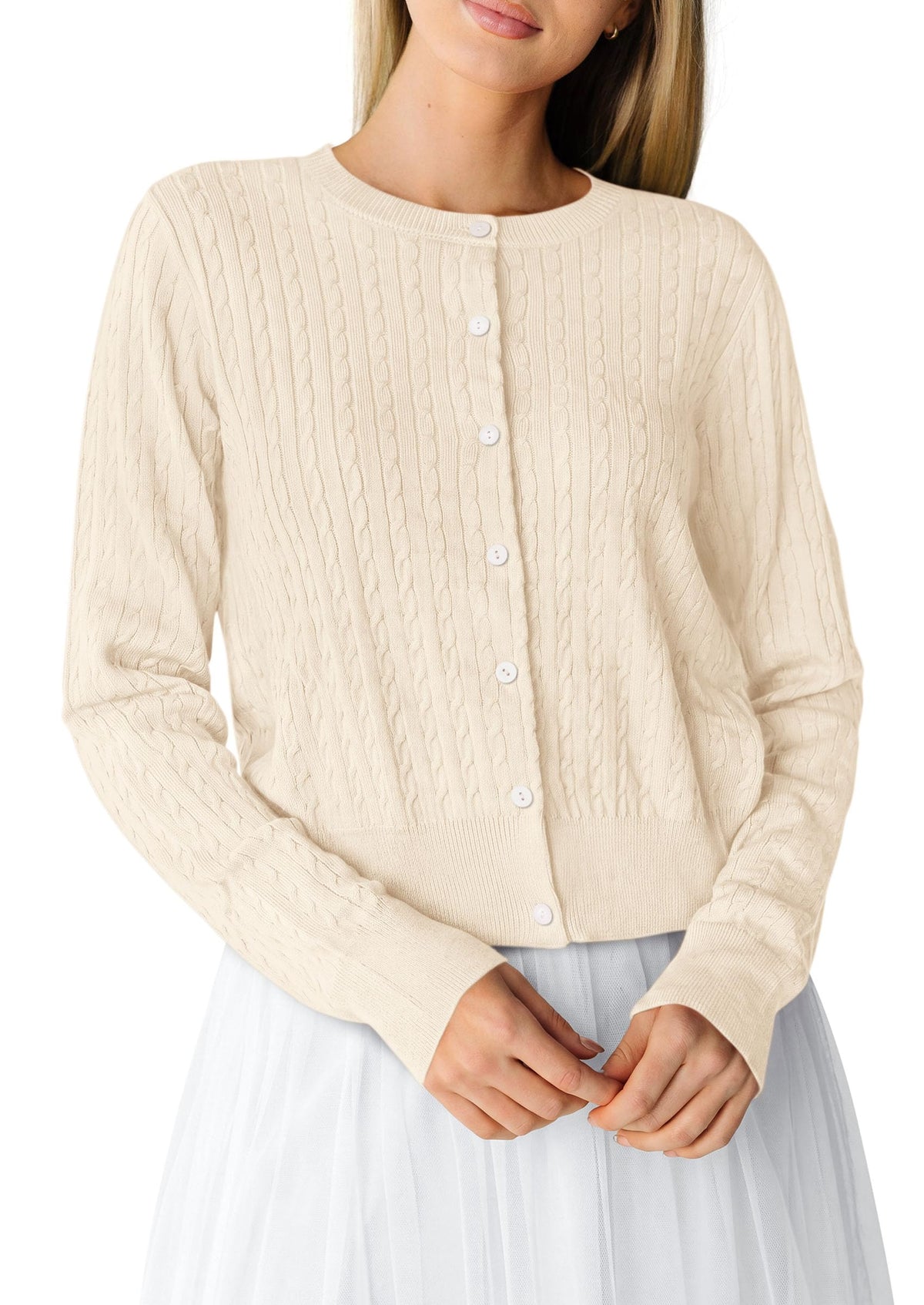 PRETTYGARDEN Women Lightweight Button Up Cardigan Sweaters | Soft Stretchy, Cozy Cable Knit, Long Sleeve Crew Neck, Trendy Cardigans, Cute Casual Outfits, Early Fall Fashion Clothing