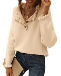 FreshPretty Womens Sweaters Fall Winter Clothes Long Sleeve Button Down Ruffle Crew Neck Casual Knitted Pullover Tops