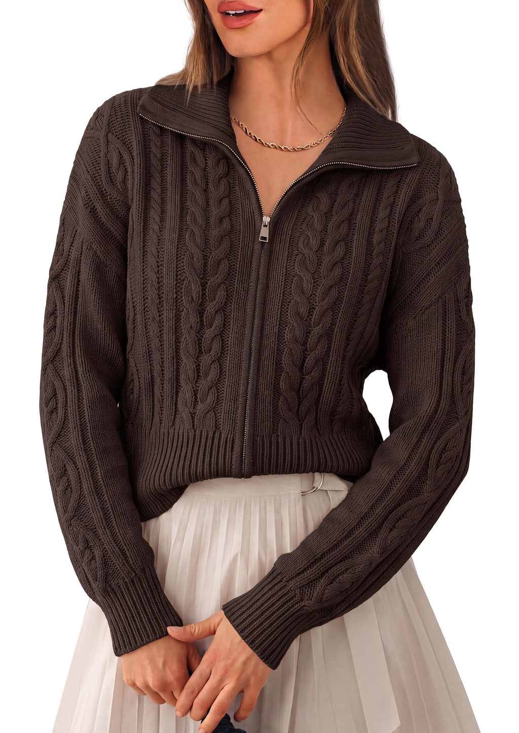 PRETTYGARDEN Women's Cable Knit Cropped Cardigan Sweaters Oversized Sweater, Long Sleeve Zip Up Jacket, Collared Neck, Ribbed Hem, Cozy Soft Casual Wear, Fall Clothes Winter Outerwear
