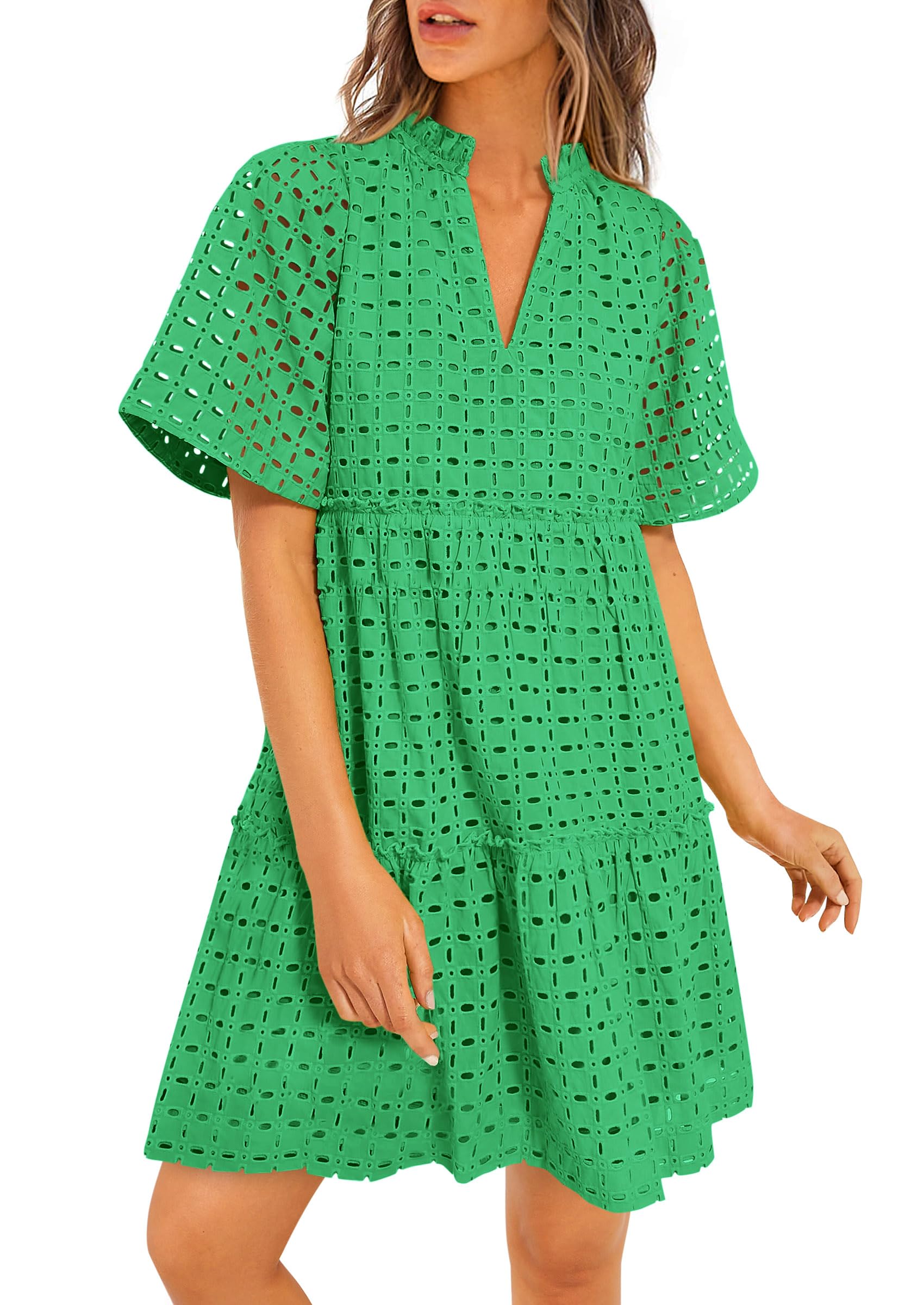 PRETTYGARDEN Eyelet Dresses for Women Summer Short Sleeve V Neck Hollow Out Ruffle A Line Boho Beach Vacation Mini Dress