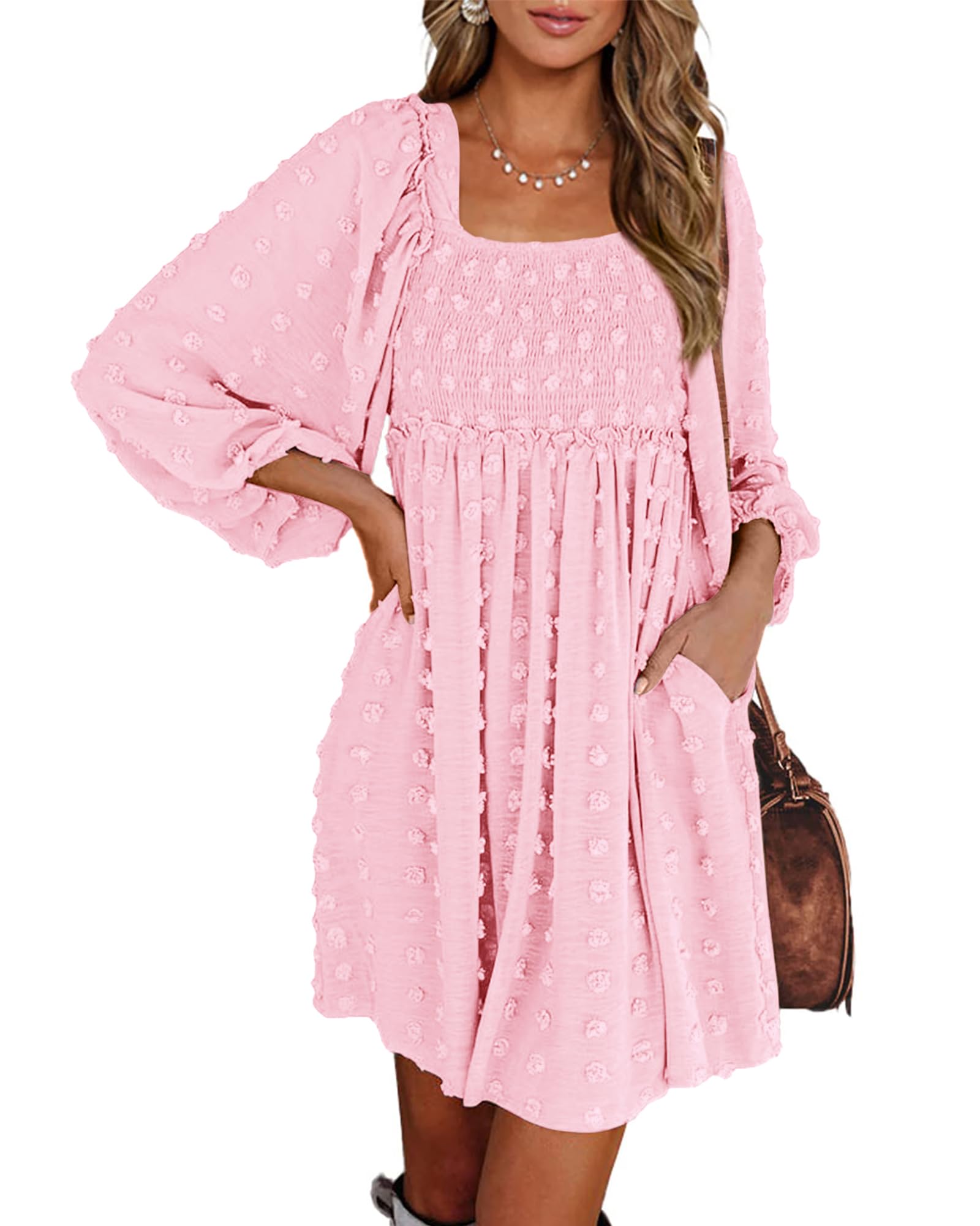 BTFBM Womens Long Sleeve Dress Summer Vacation Square Neck Smocked Floral Mini Boho Spring Wedding Guest Dresses