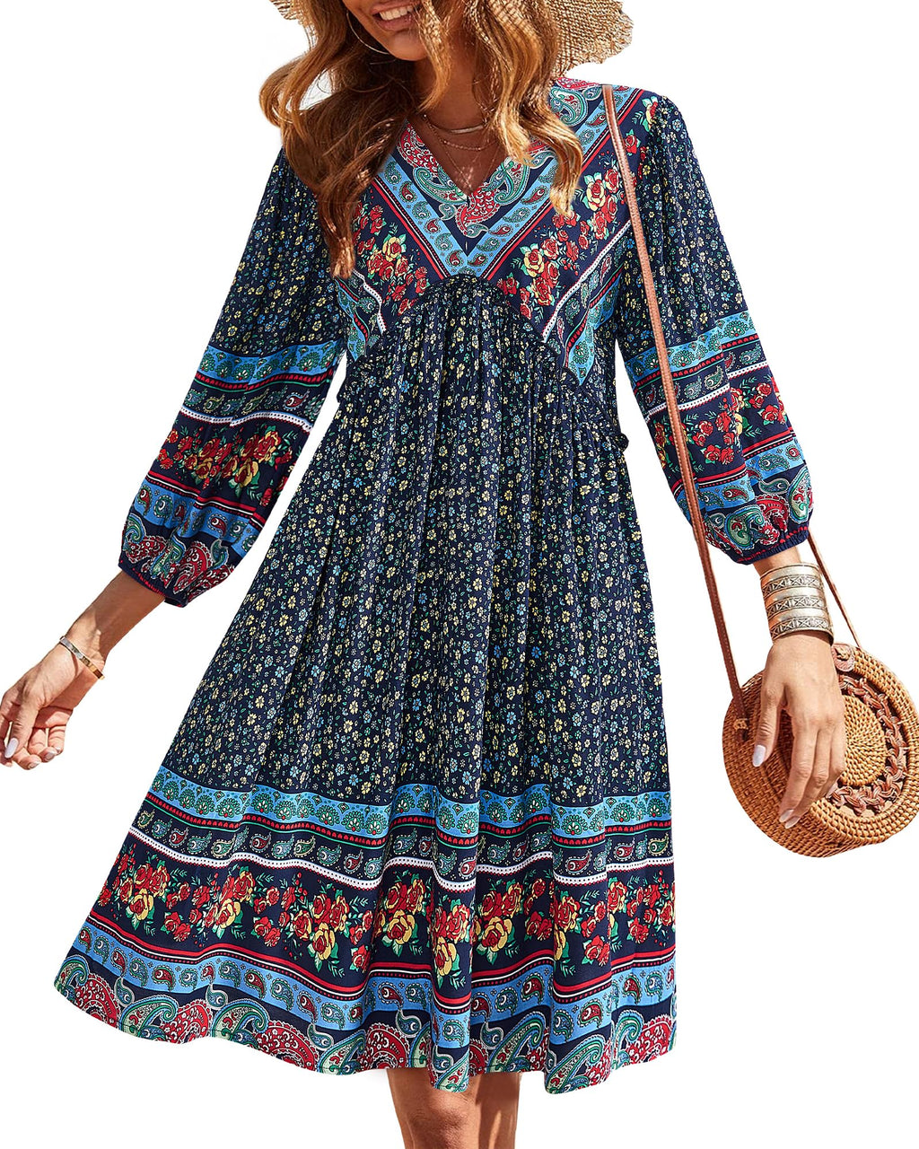 BTFBM Women Casual Spring Summer Dresses V Neck 3/4 Long Sleeve Ruffle Floral Flowy Boho Babydoll Mini Short Beach Dress