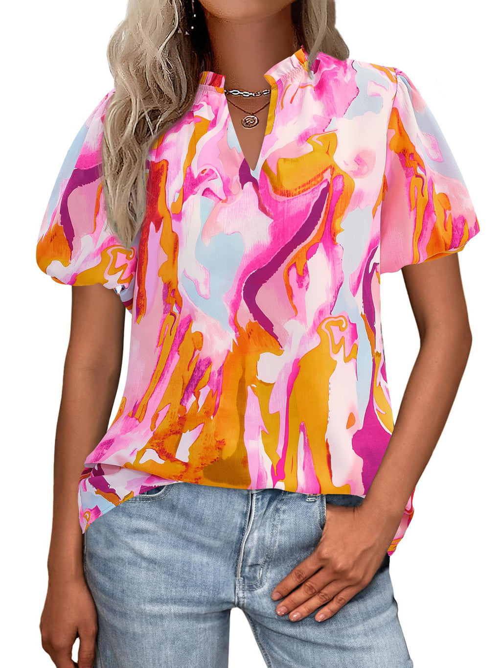 PRETTYGARDEN Boho Short Sleeve Floral Work Blouses for Women Dressy Casual V Neck Puff Sleeve Loose Chiffon Flowy Tops Shirts