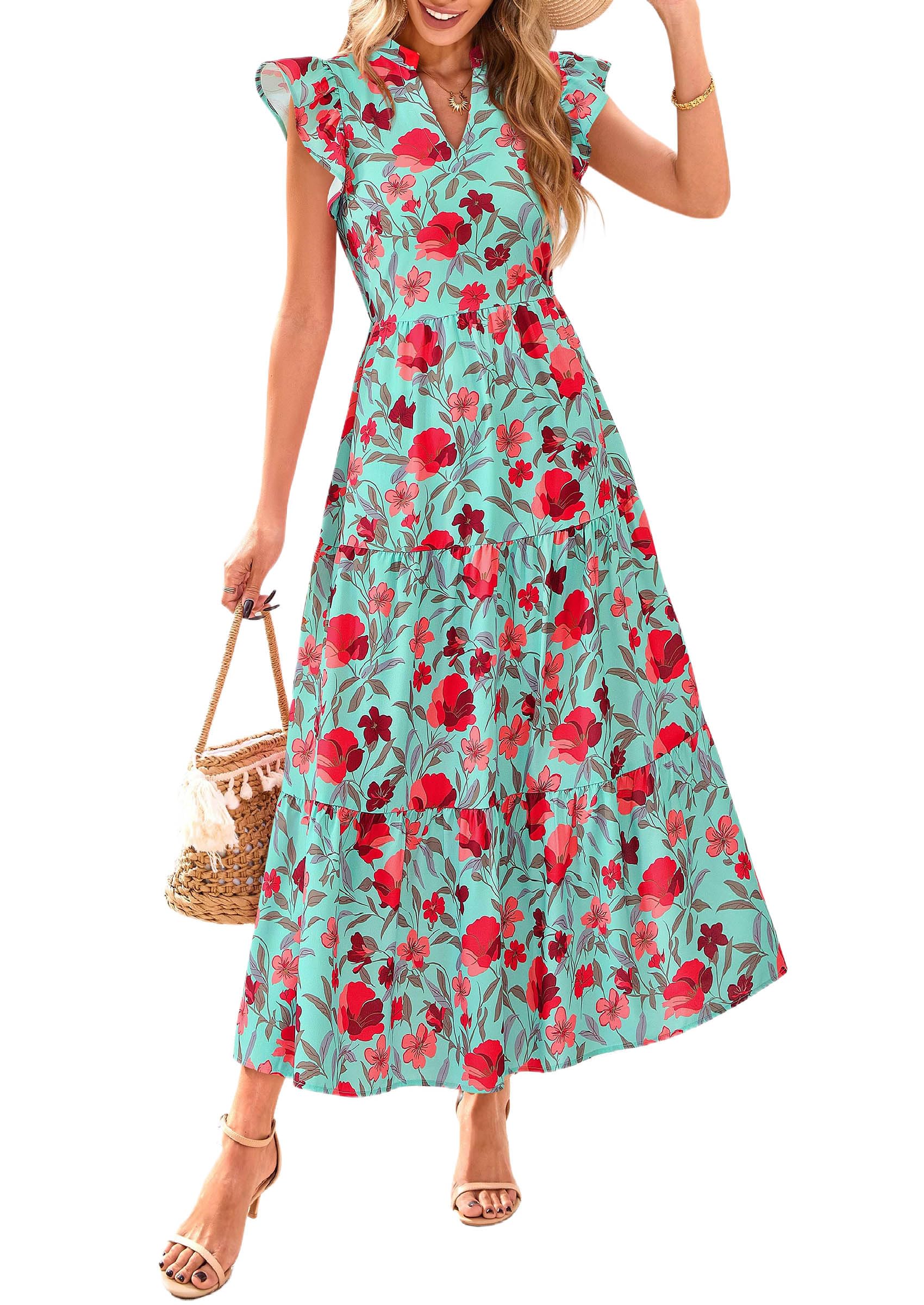 Visit the PRETTYGARDEN Store PRETTYGARDEN Women's Summer Floral Midi Dress Cap Sleeve V Neck Ruffle Long Flowy Boho Casual Beach Vacation Dresses