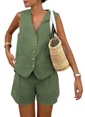 PRETTYGARDEN Women's Summer 2 Piece Outfits Sleeveless Matching Sets Button Down V Neck Vest Waistcoat and Pockets Shorts