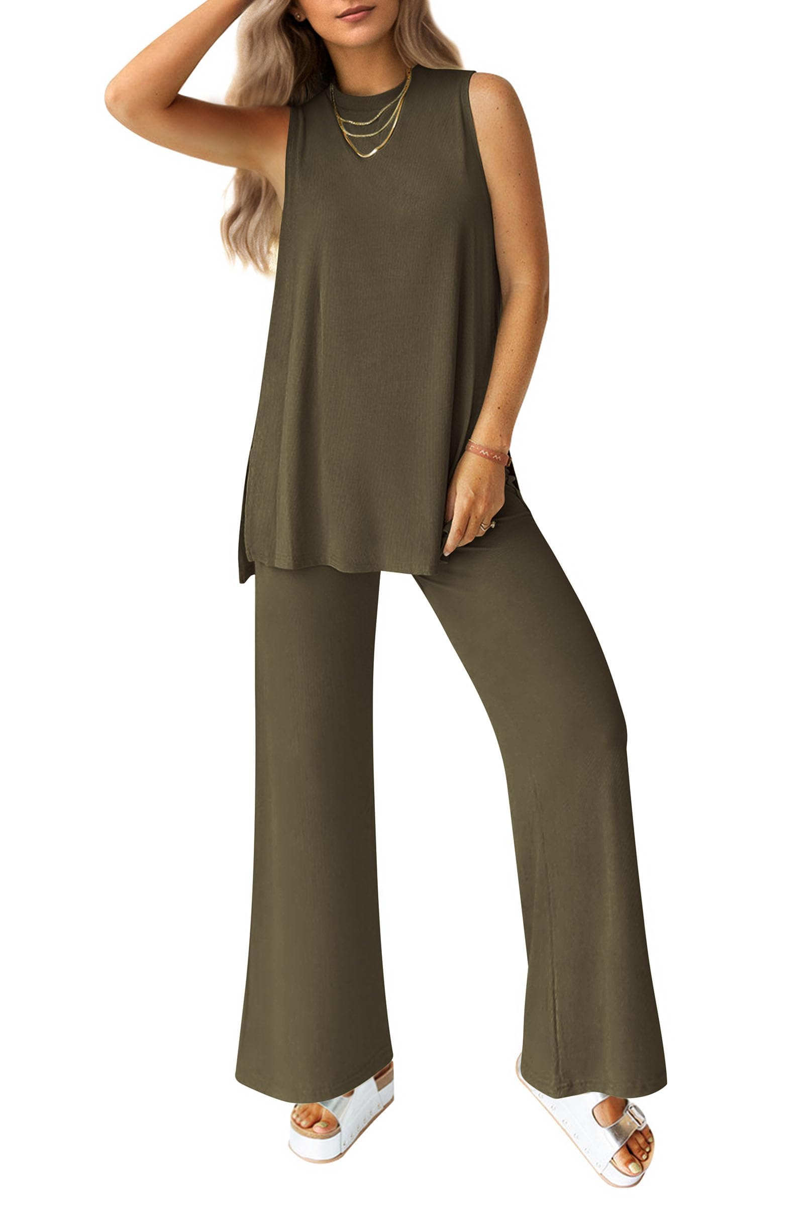 PRETTYGARDEN Women's 2 Piece Lounge Set Summer Casual Loose Tank Top Wide Leg Pants Matching Travel Outfits Tracksuit