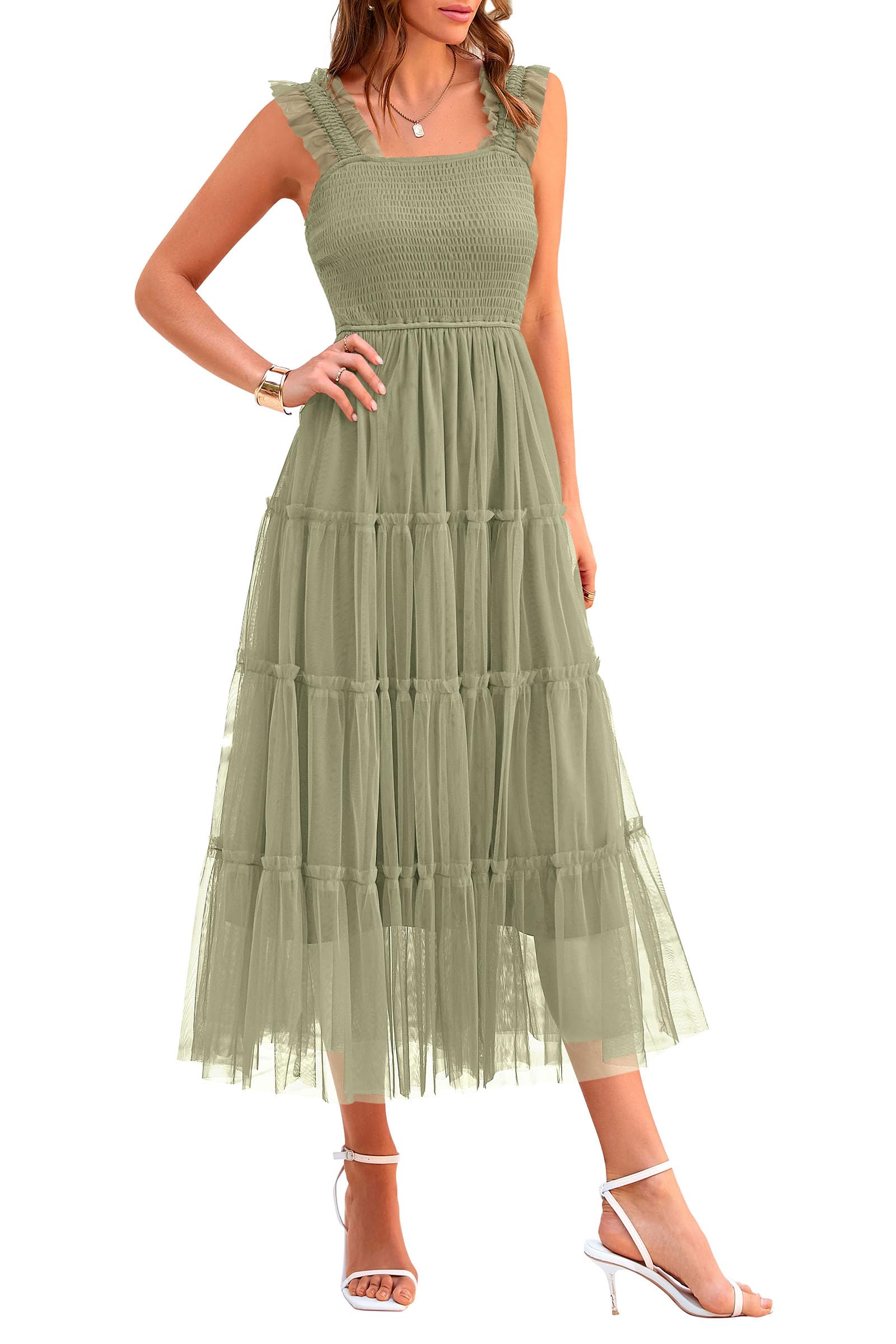 PRETTYGARDEN Women's Summer Tulle Midi Dress Sleeveless Smocked Ruffle Flowy Mesh Dresses Party Wedding Guest Sundress