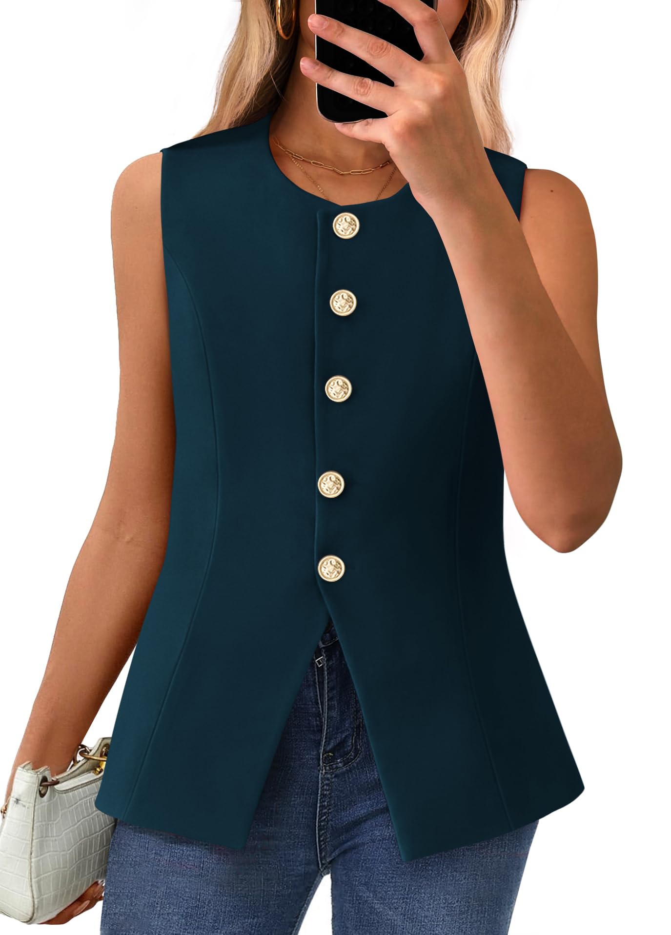 BTFBM Summer Sleeveless Blazer Vest For Women Dressy Button Down Round Neck Business Casual Outfits Work Suit Vests Tops