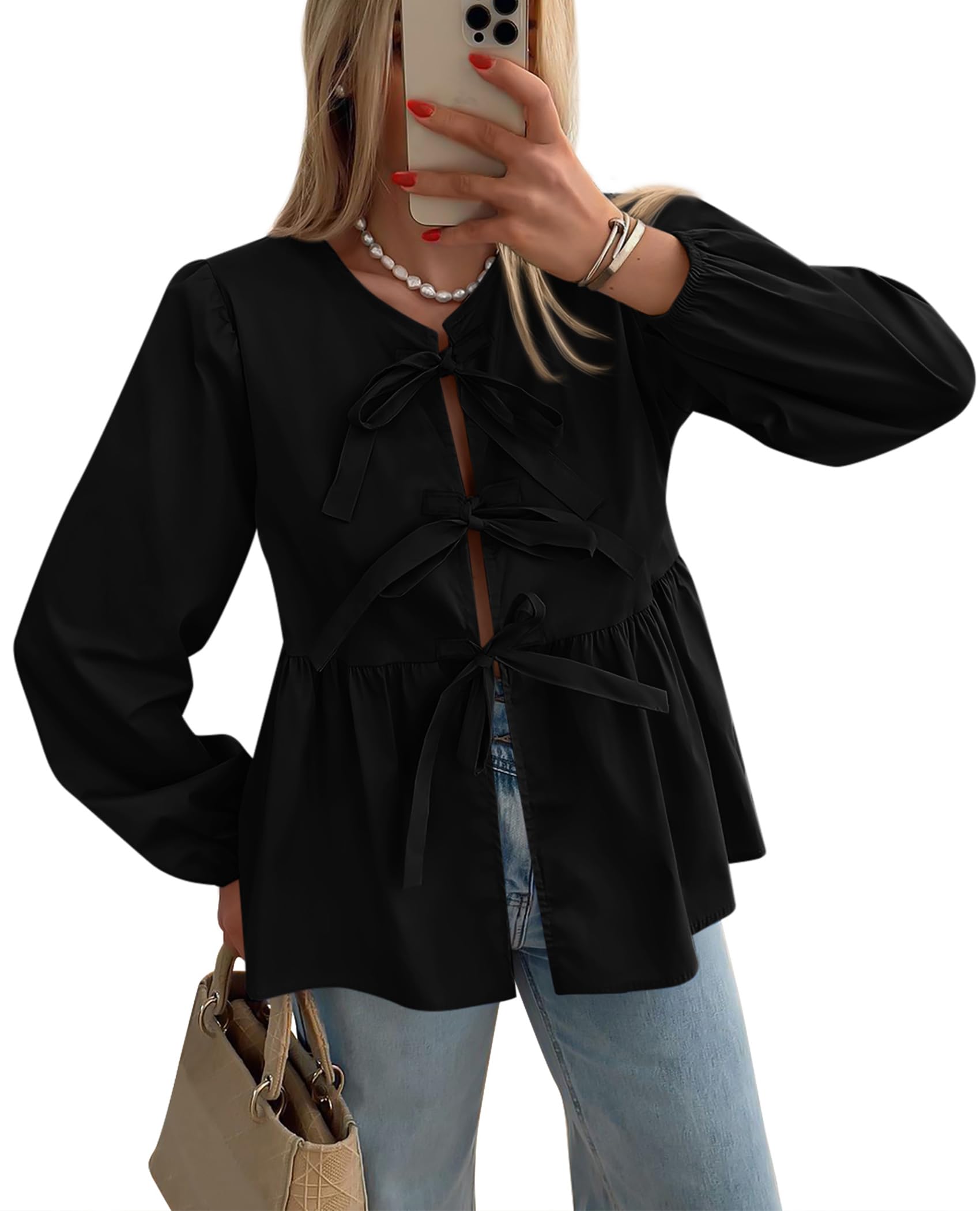 PRETTYGARDEN Women's Spring Fall Babydoll Peplum Blouse Shirt Puff Long Sleeve Bow Tie Front Trendy Cute Y2K Going Out Tops