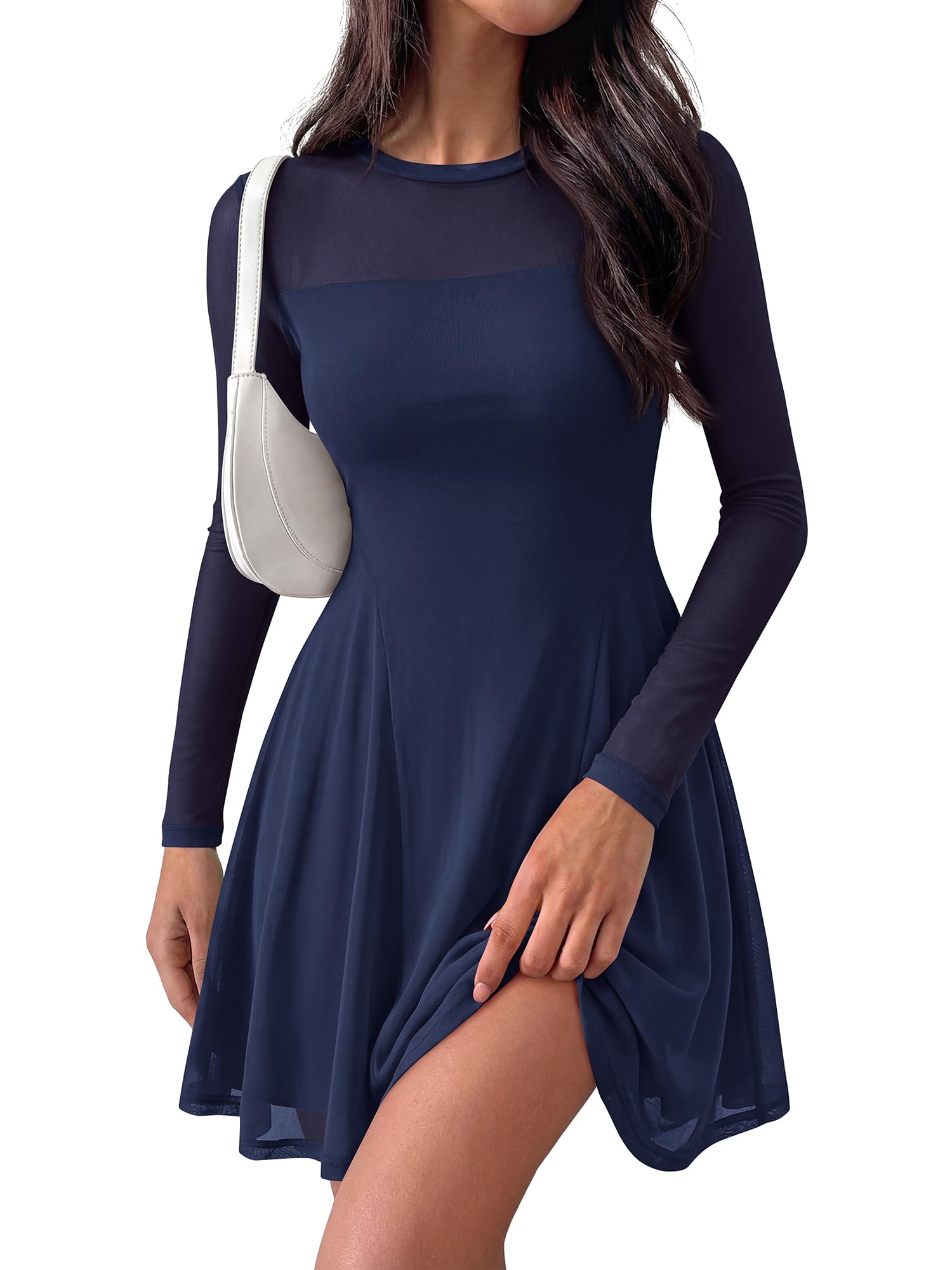 BTFBM Women’s Mini Dress Sheer Mesh Long Sleeve Crew Neck Flowy A Line Casual Cocktail Party Going Out Dresses Fall