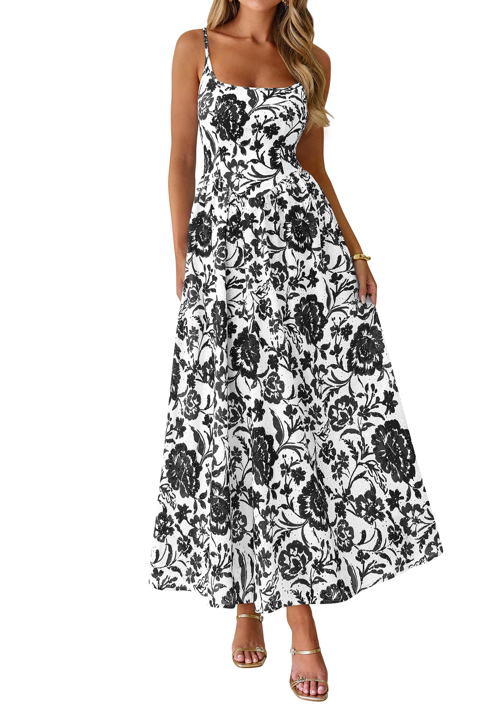 PRETTYGARDEN Womens Spring Boho Maxi Dress Eyelet Floral Long Flowy Sundresses Summer Beach Vacation Clothes
