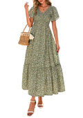 PRETTYGARDEN Boho Dresses for Women Summer Floral Short Sleeve V Neck Smocked Flowy Beach Vacation Maxi Dress