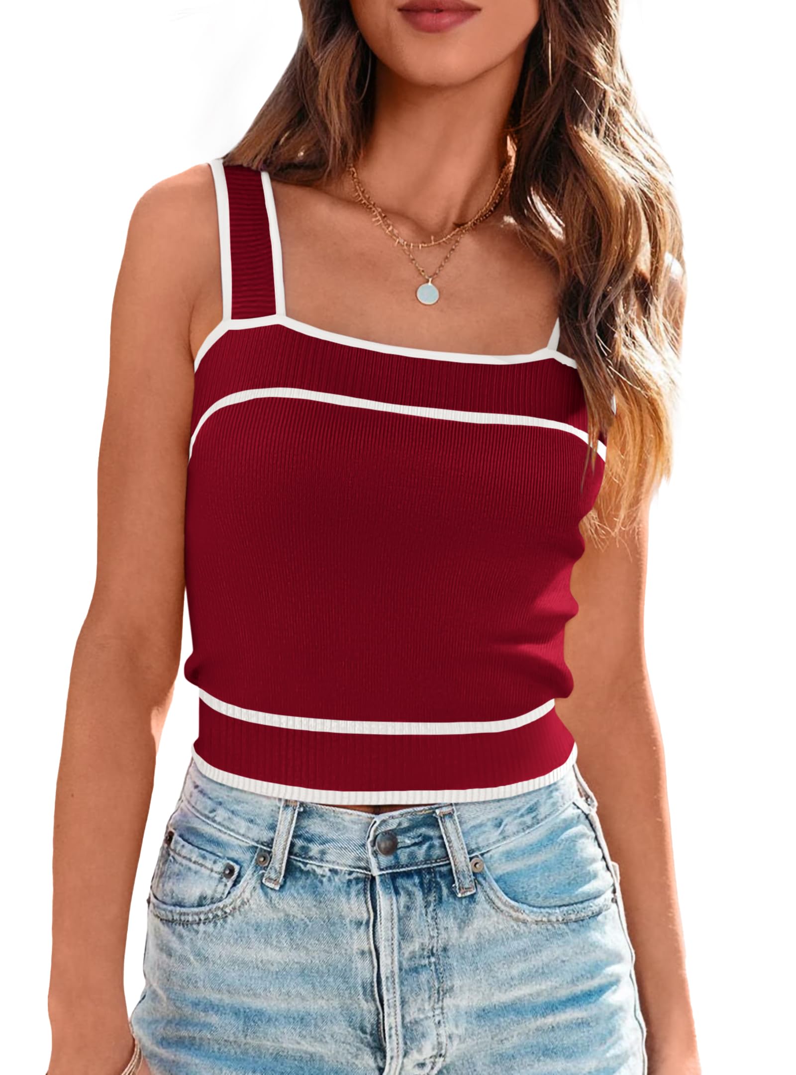 FreshPretty Women's Trendy Summer Square Neck Crop Tank Tops Casual Color Block Knit Sleeveless Slim Fit Y2k Cami Shirts