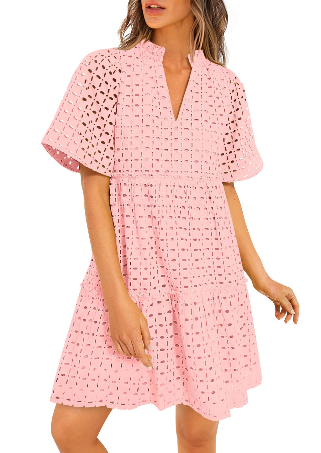 PRETTYGARDEN Eyelet Dresses for Women Summer Short Sleeve V Neck Hollow Out Ruffle A Line Boho Beach Vacation Mini Dress