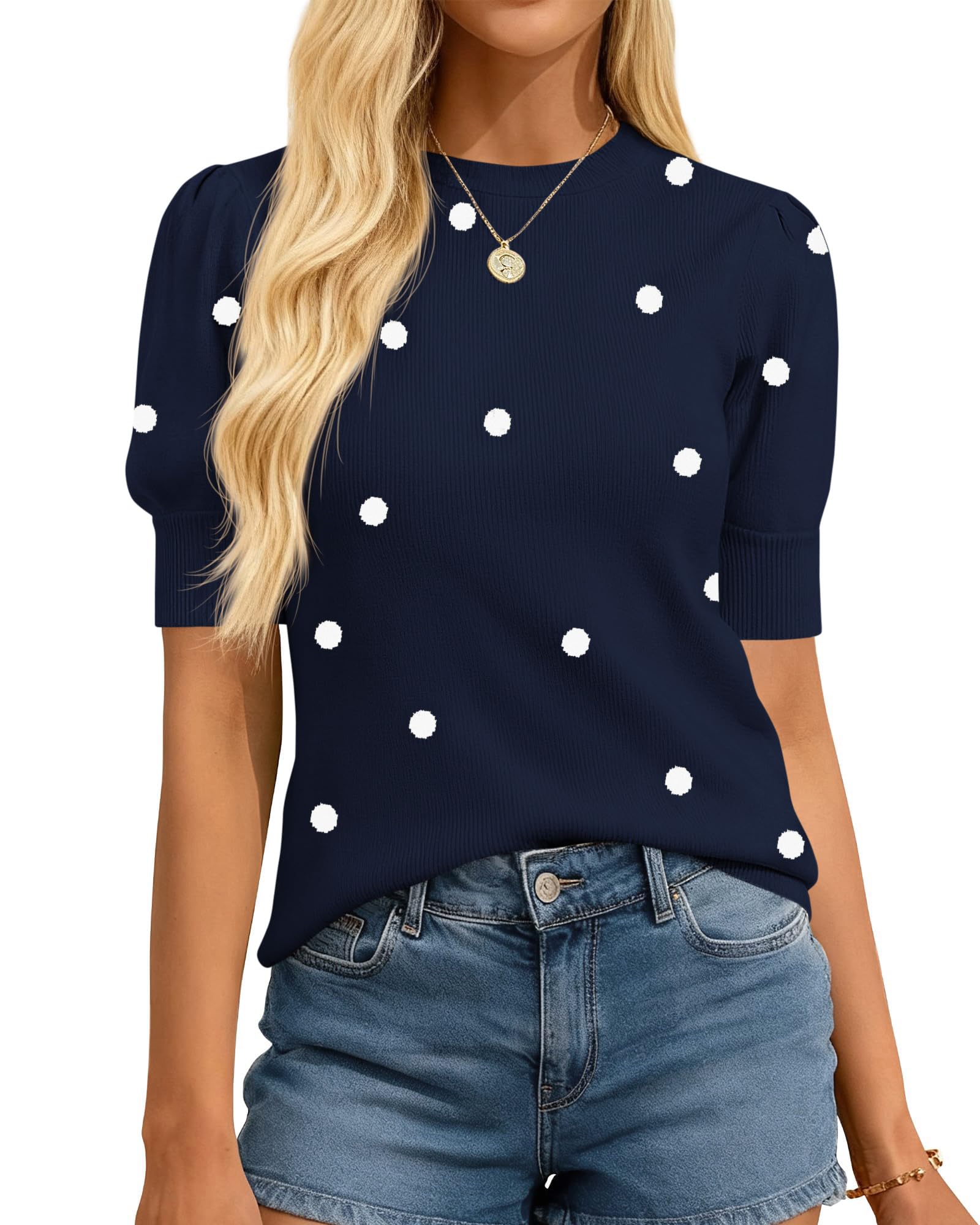 BTFBM Womens Sweaters Polka Dot Short Sleeve Sweater for Women Crew Neck Knit Summer Tops Business Dressy Casual Blouses