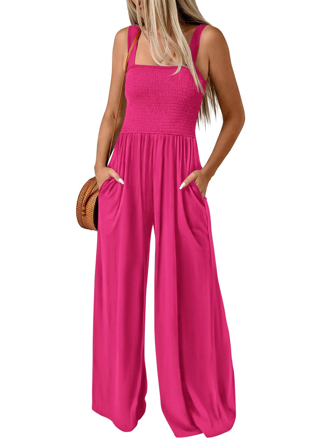FreshPretty Womens Jumpsuit Summer Casual Loose One Piece Overalls Smocked Sleeveless Wide Leg Rompers With Pockets