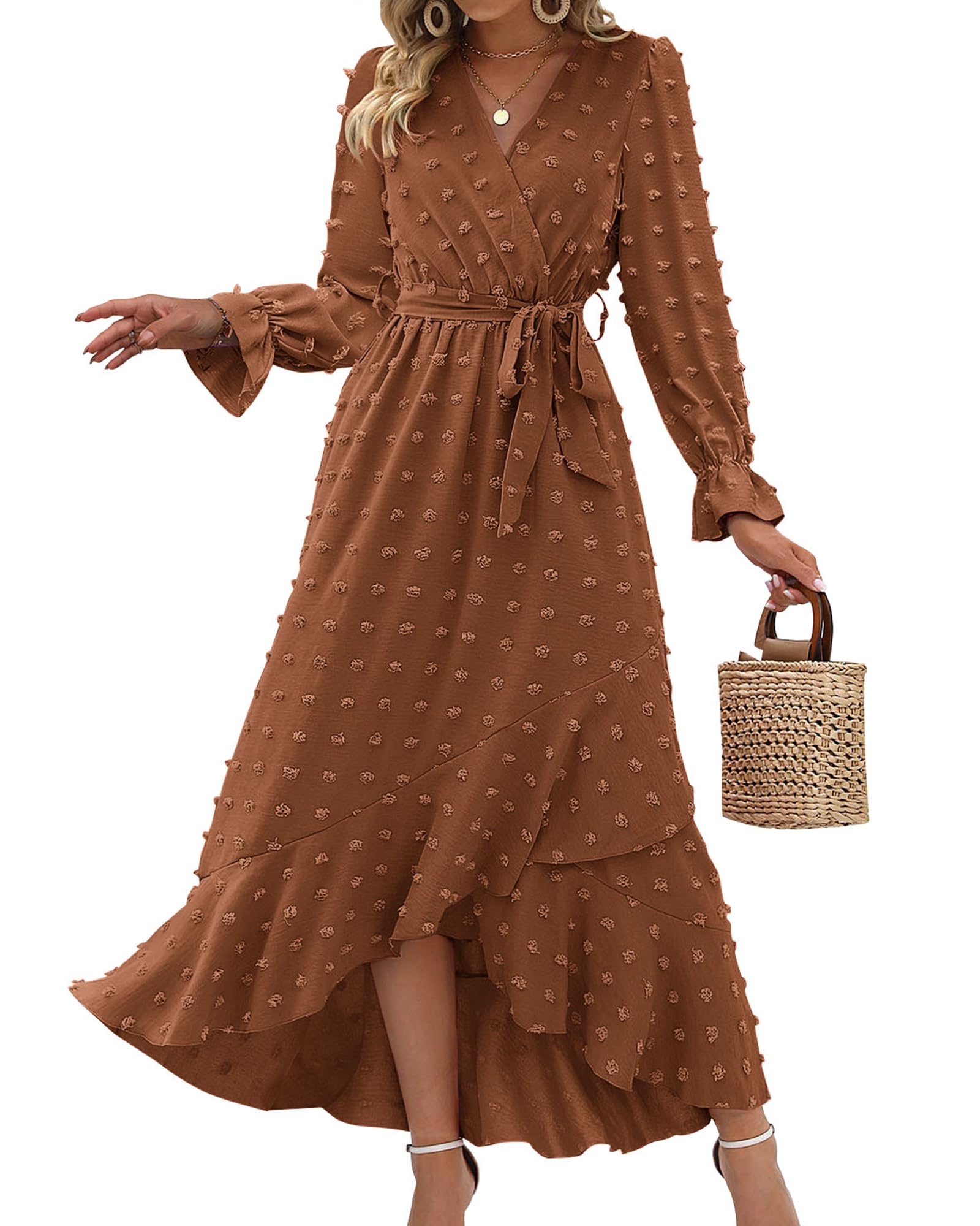 FreshPretty Long Sleeve Maxi Dresses for Women V Neck Swiss Dot Boho Flowy Slit Cocktail Wedding Guest Dress Fall Clothes