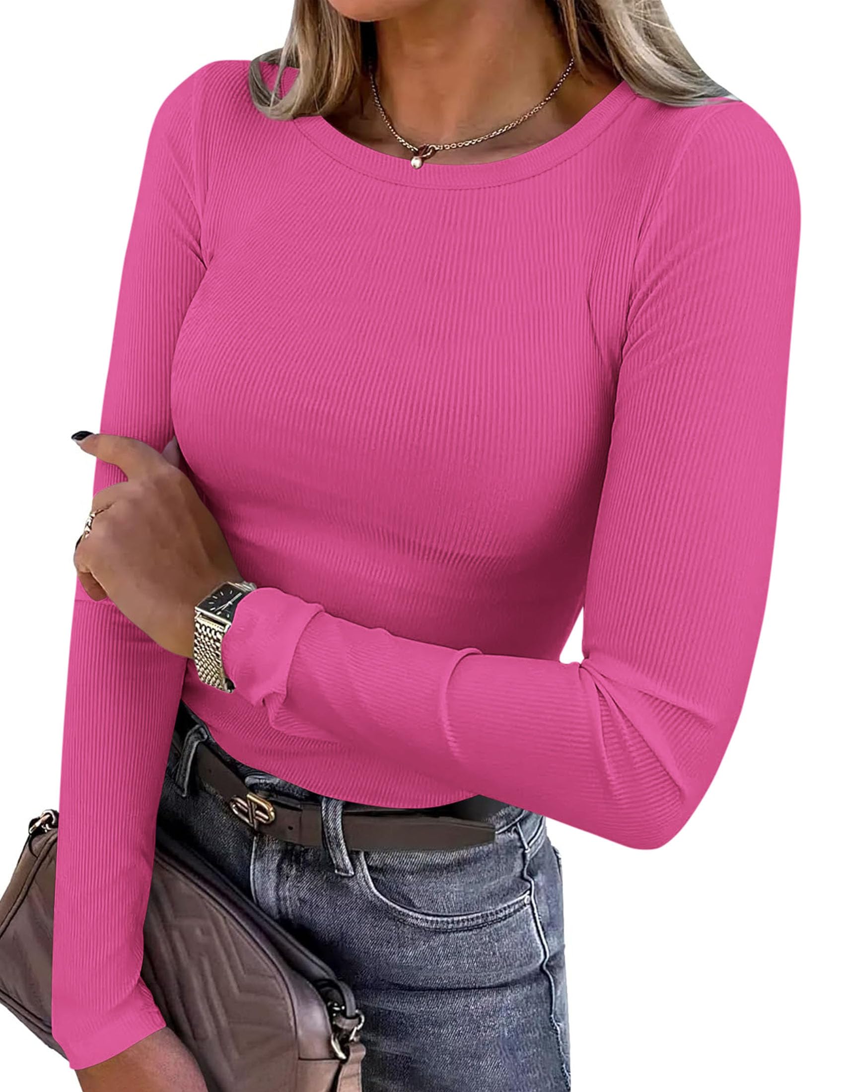 PRETTYGARDEN Women Fall Clothes Long Sleeve Shirts Ribbed Knit Fitted Basic Tee Going Out Tops Underscrub Casual Outfits