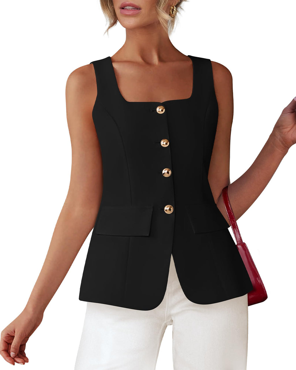 BTFBM Womens Sleeveless Suit Vests Dressy Casual Square Neck Business Work Waistcoat Spring Button Blazer Vest Tops