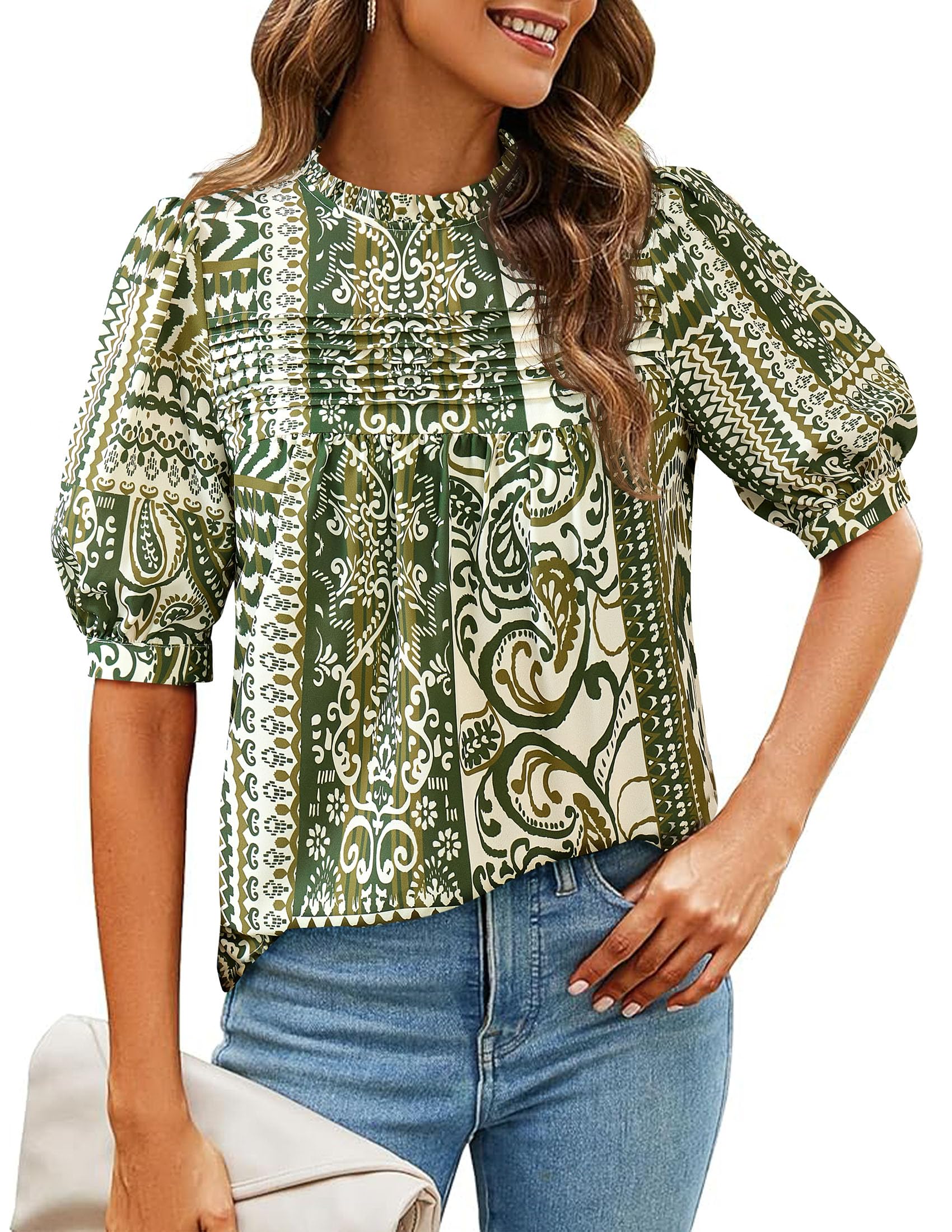 PRETTYGARDEN Floral Tops for Women Blouses Dressy Casual Summer Trendy Outfits Boho Pleated Short Sleeve Shirts