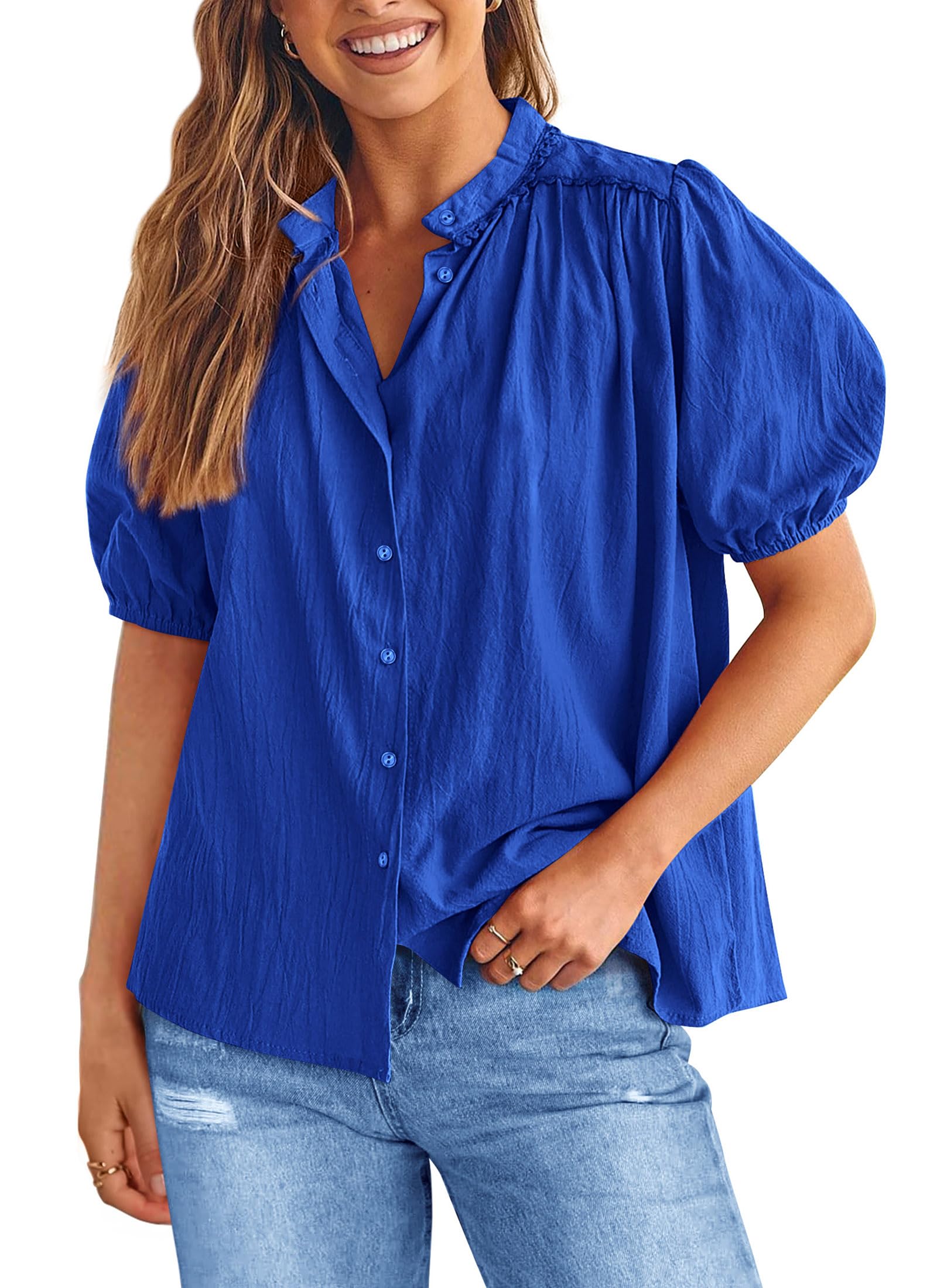 PRETTYGARDEN Women's Summer Button Down Shirts Short Lantern Sleeve V Neck Cotton Cute Dressy Casual Ladies Tops Blouses