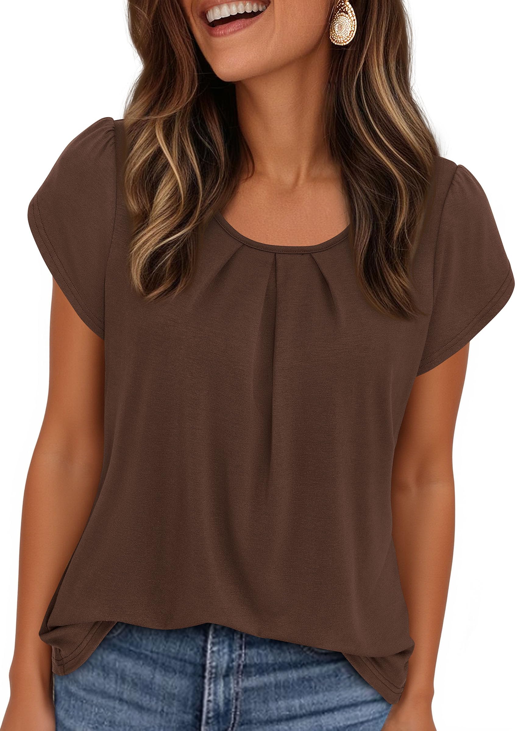 PRETTYGARDEN Womens Tops Dressy Casual Summer Short Sleeve Blouses Crew Neck Pleated Basic T Shirts Spring Clothes